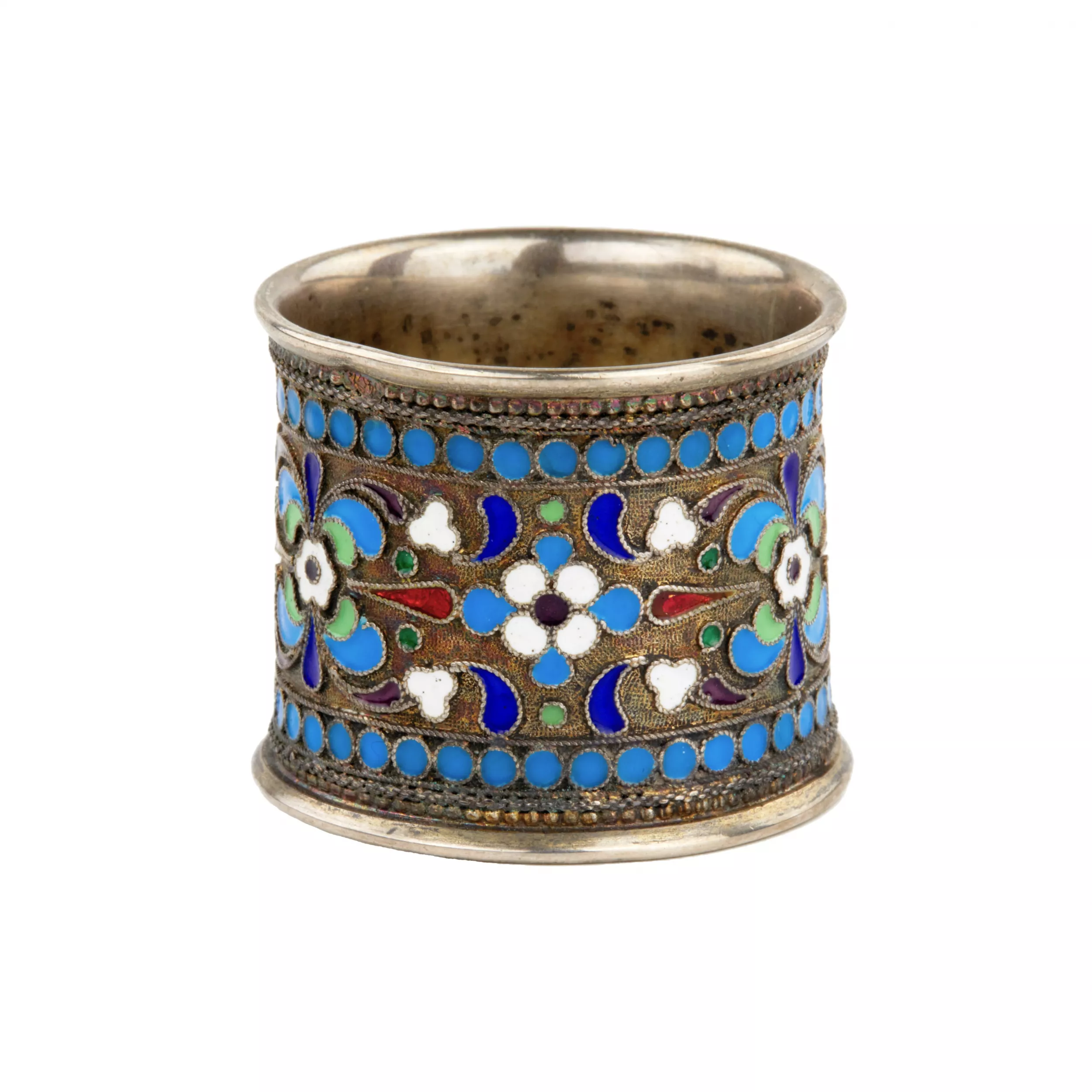 Russe, rond de serviette en argent, email cloisonne. 