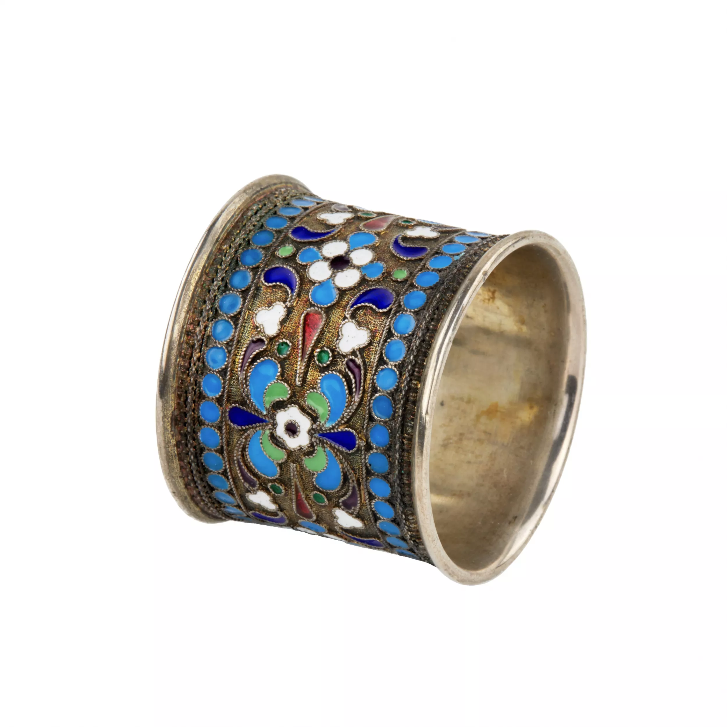 Russe, rond de serviette en argent, email cloisonne. 