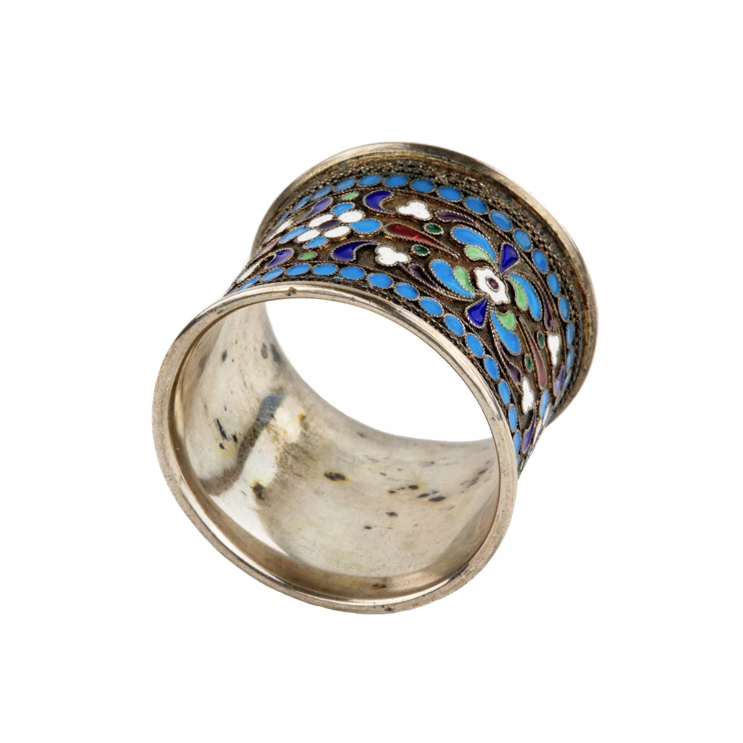 Russe, rond de serviette en argent, email cloisonne. 