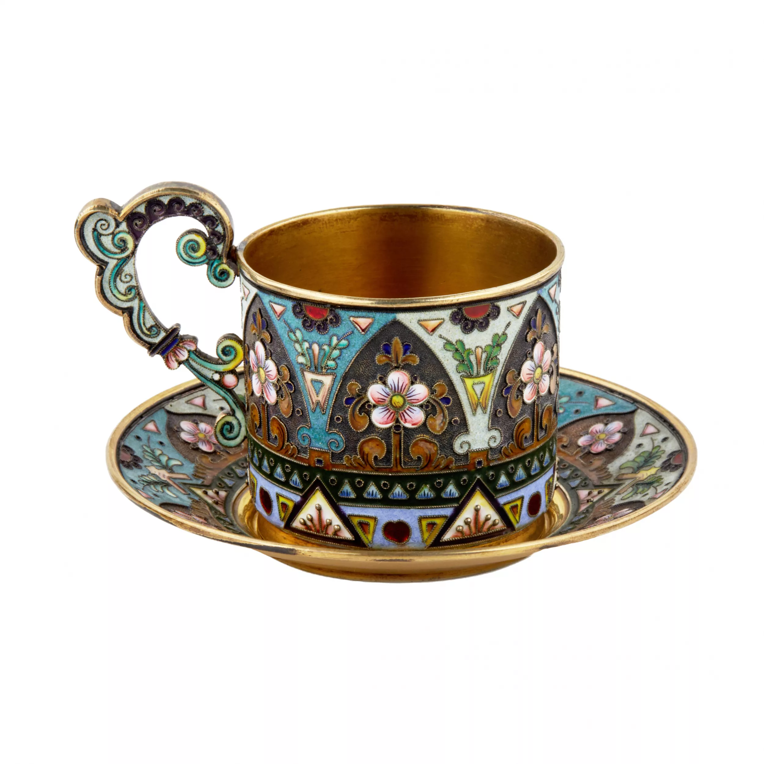 Étonnamment belle tasse et soucoupe en email, Art nouveau russe en argent. 