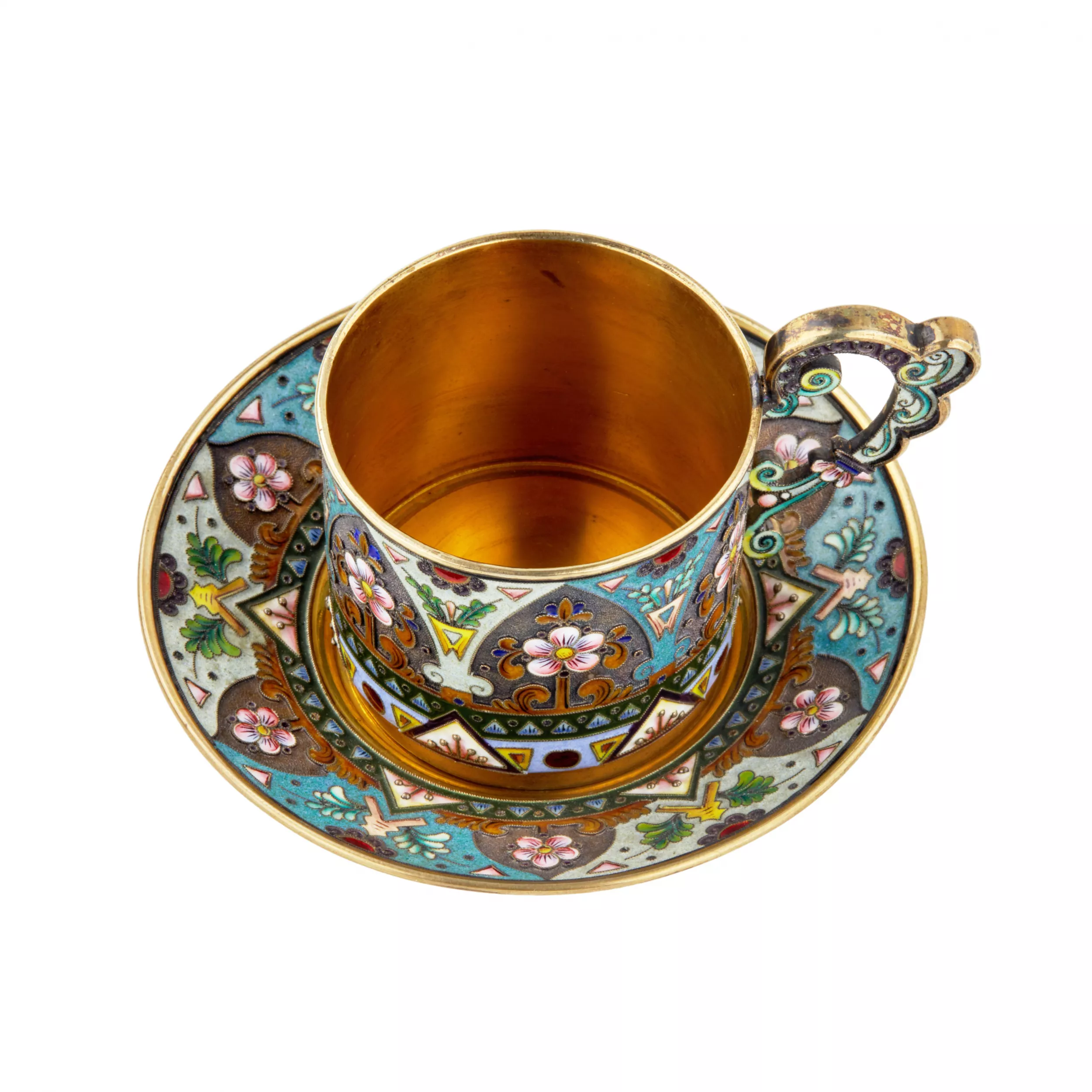 Étonnamment belle tasse et soucoupe en email, Art nouveau russe en argent. 