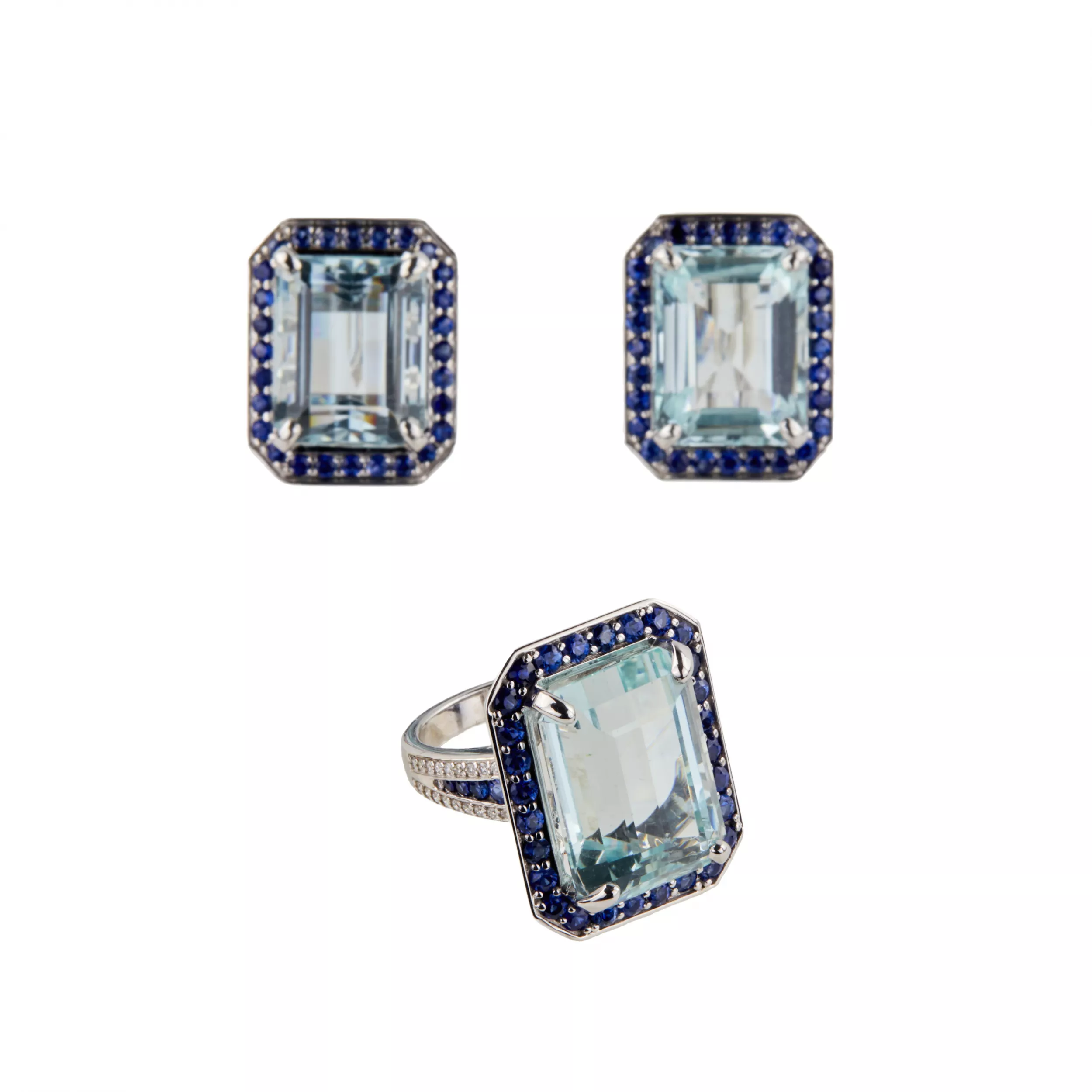 Dames spectaculaires serties d`or blanc avec des aigues-marines, des saphirs et des diamants. 