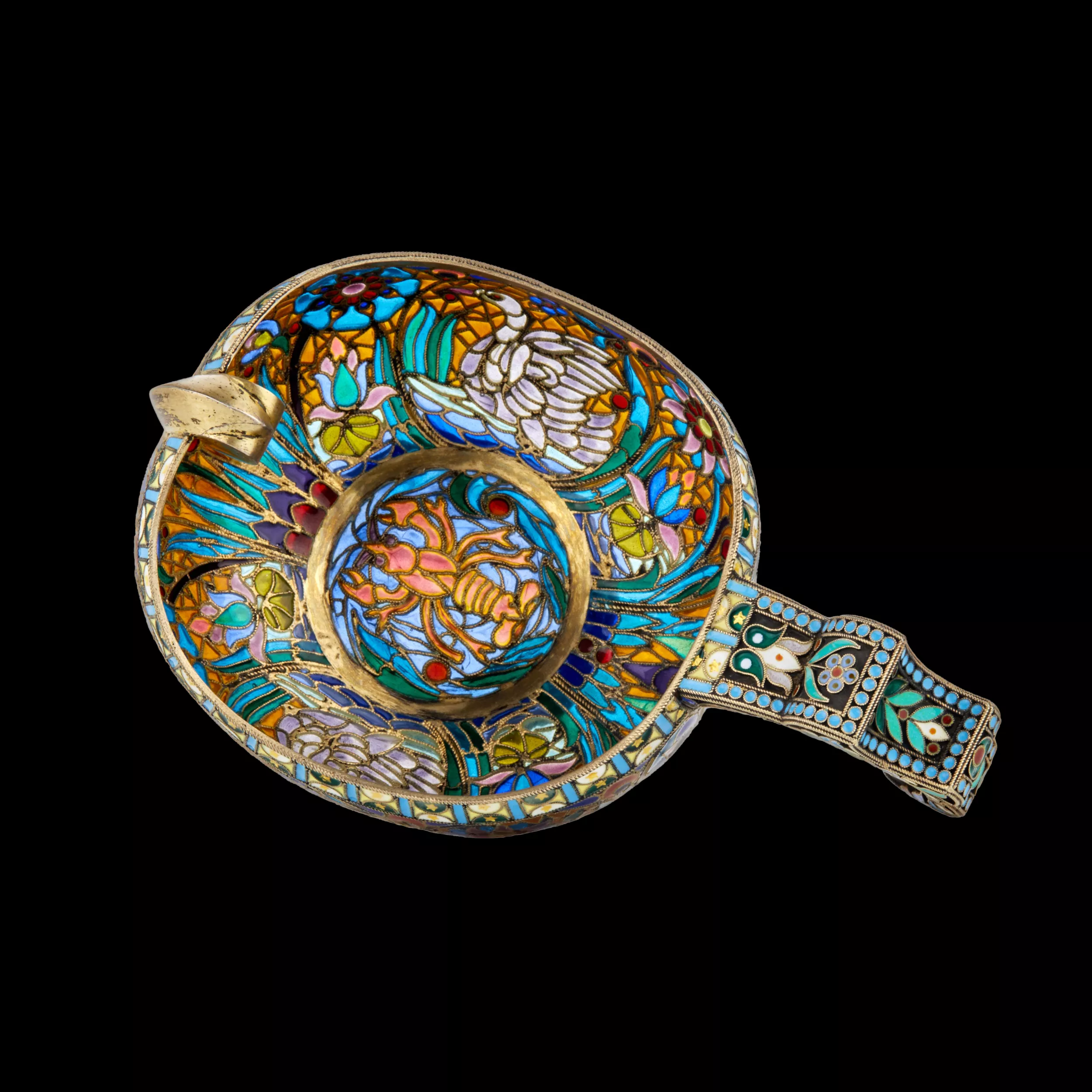 Large magnificent silver Kovsh 84 assay P. Ovchinnikov with stained glass enamel. Moscow. At the turn of 1900 