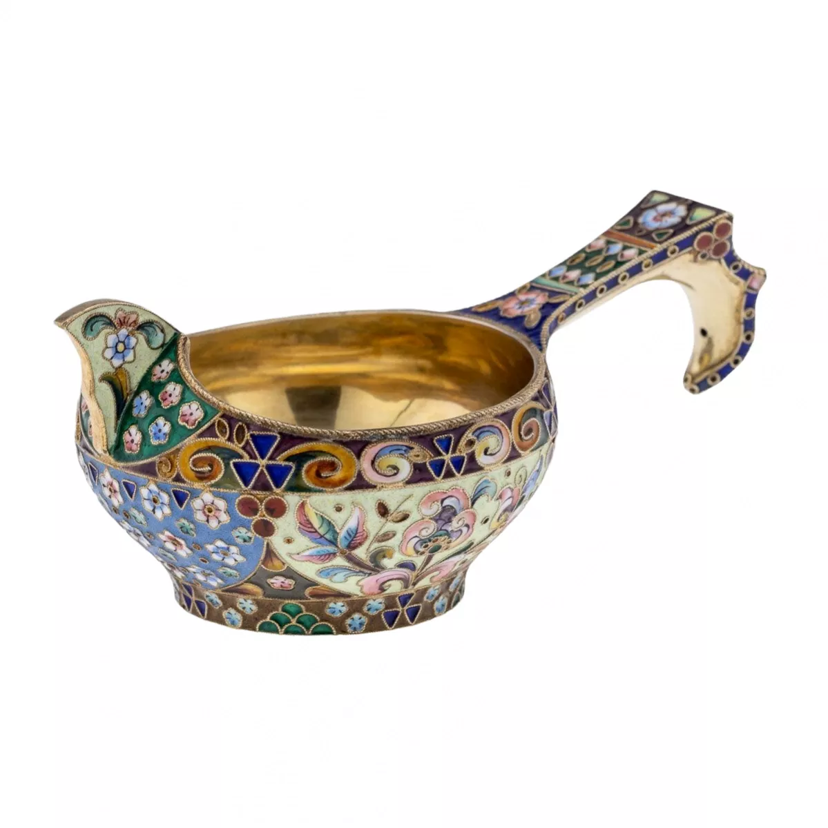 Russian silver ladle with enamels in the style of Russian Art Nouveau. 