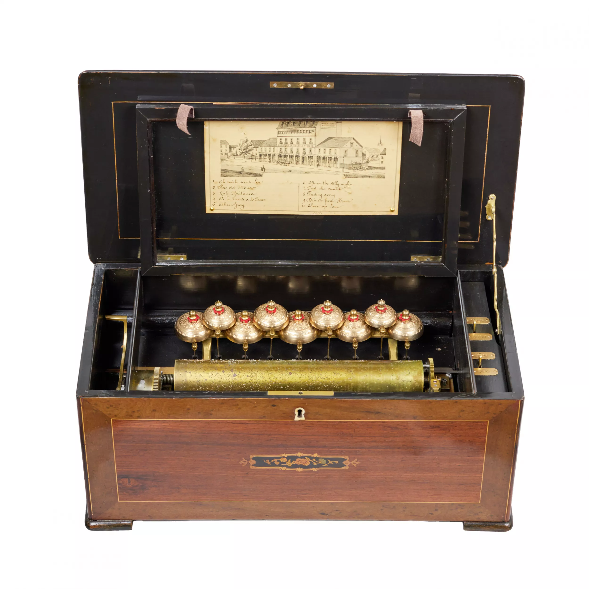 Music box with drum mechanism and 9 bells for 10 melodies. 19th century. 