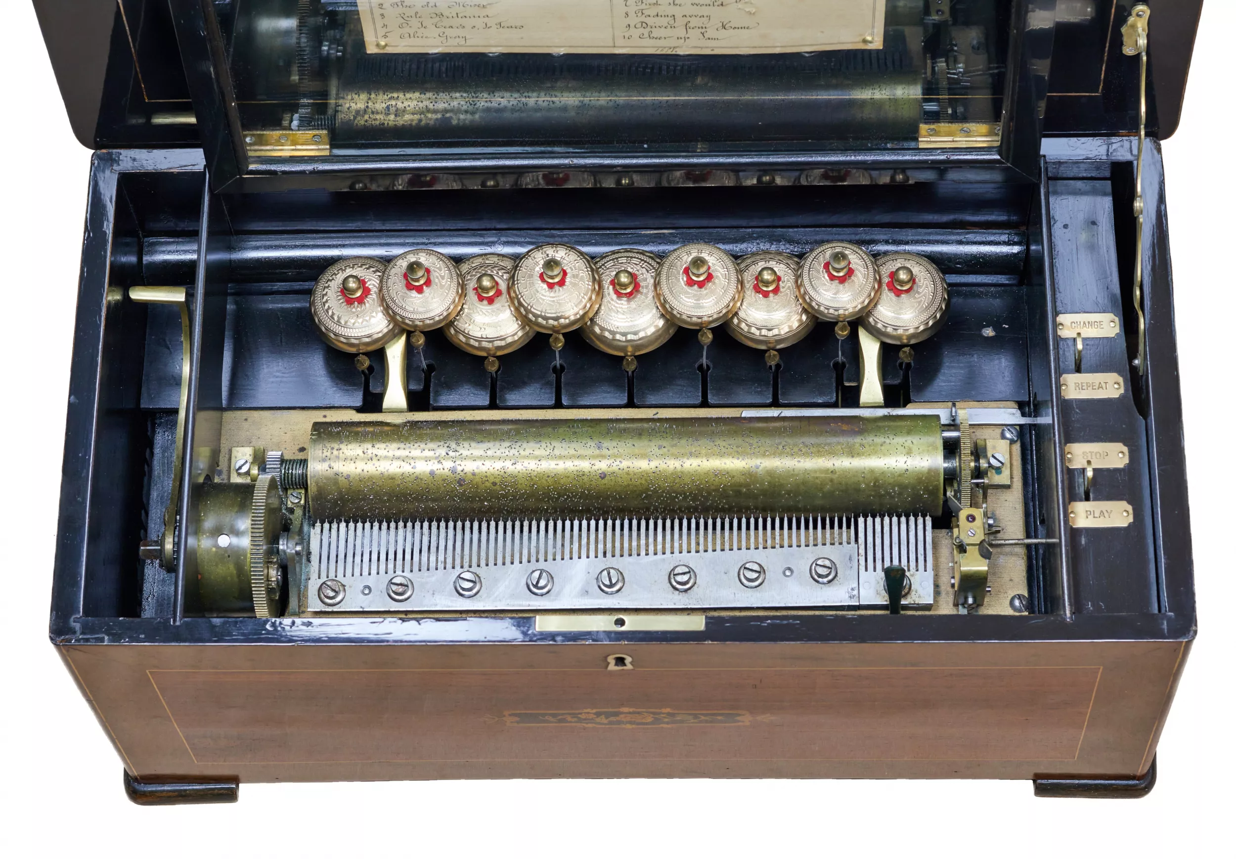Music box with drum mechanism and 9 bells for 10 melodies. 19th century. 