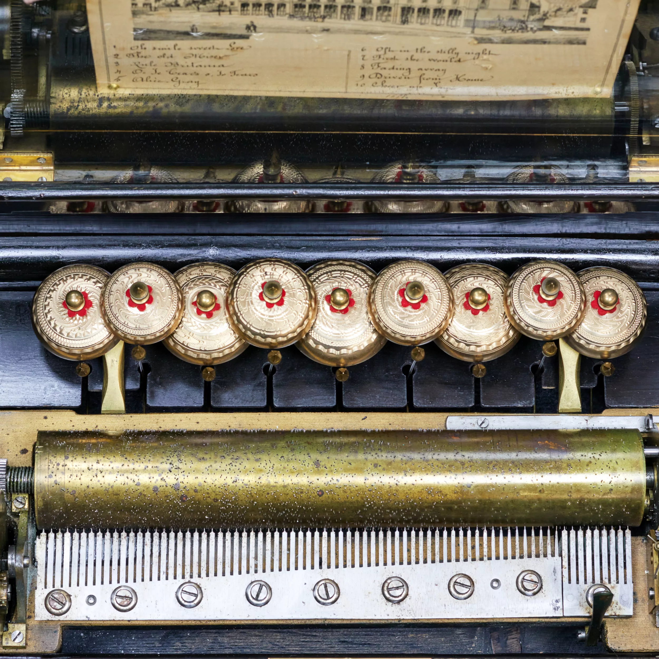 Music box with drum mechanism and 9 bells for 10 melodies. 19th century. 