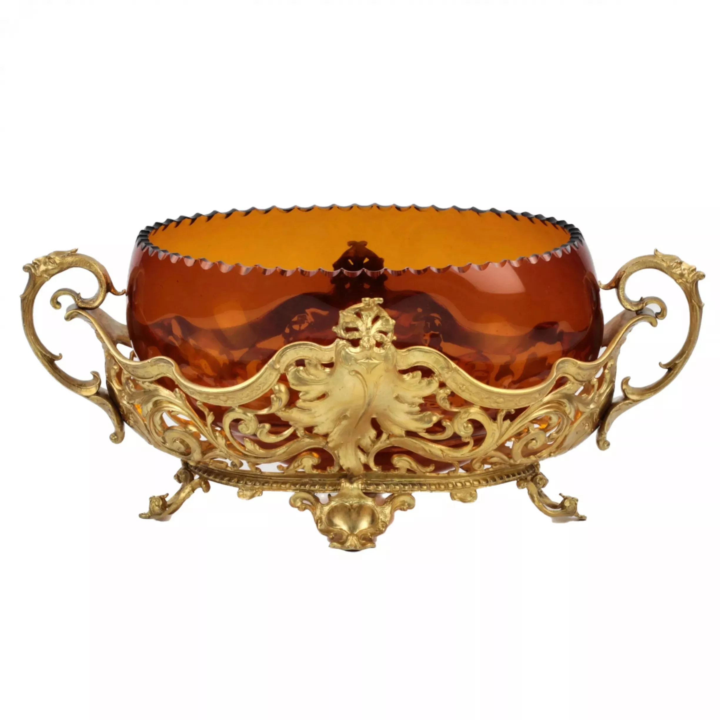 ARDINIÈRE EN BRONZE DORÉ ET VERRE AMBRÉ. EUROPE, TOURNANT DES XIXE ET XXE SIÈCLES