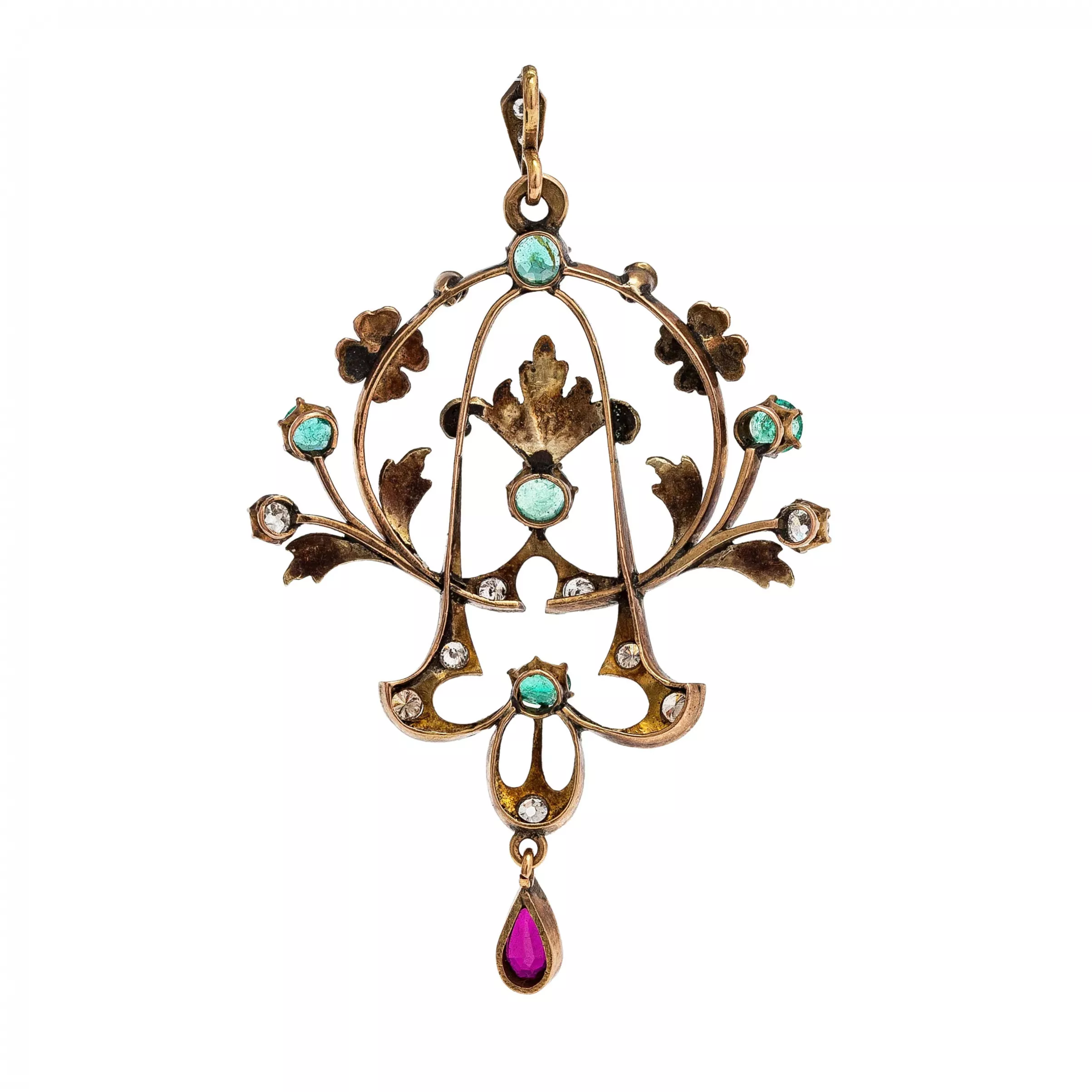Pendentif en or 14 carats, avec emeraudes, rubis et diamants de style Art Nouveau. Russie. 1900 