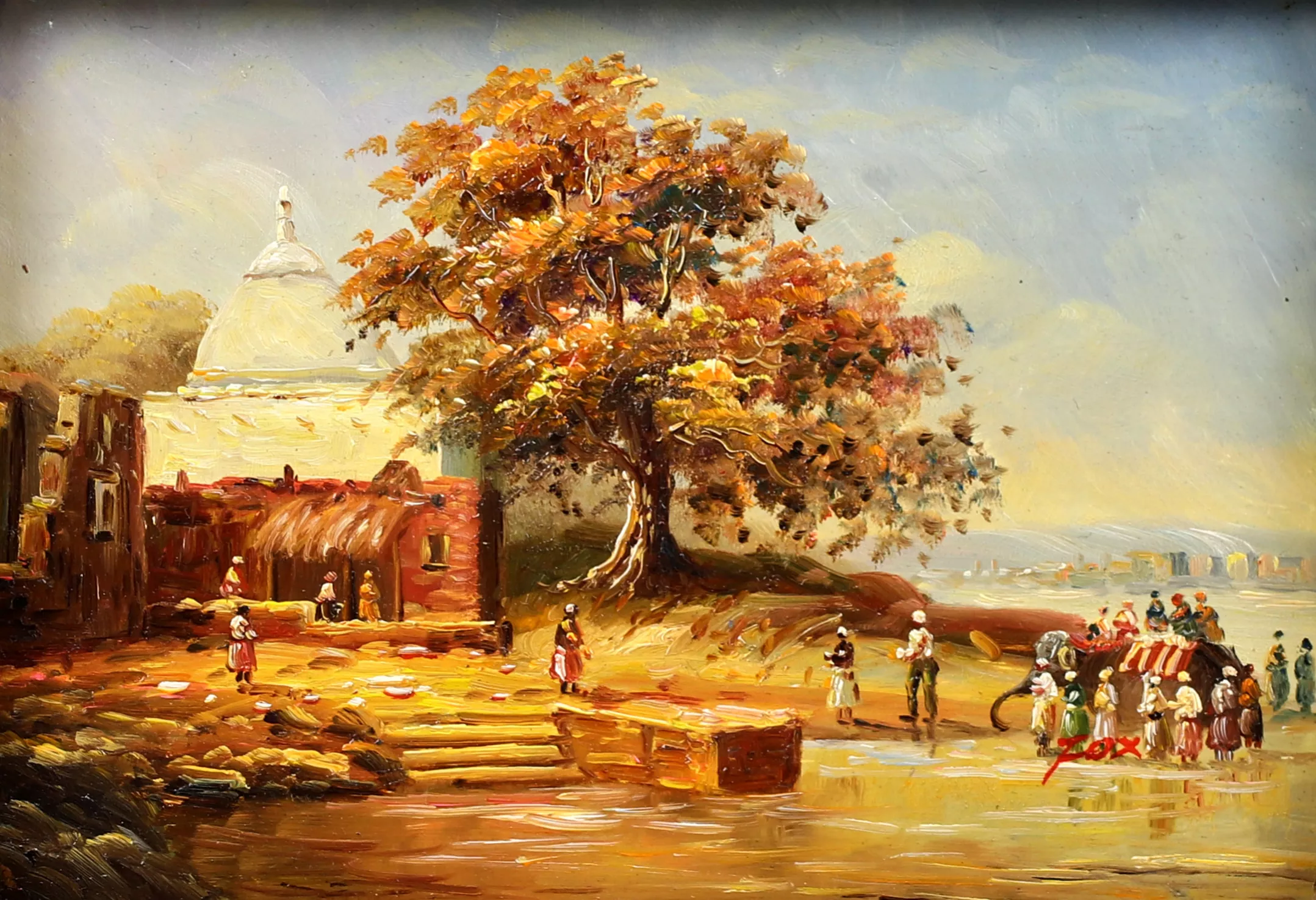 Petit tableau, huile sur panneau. Procession rituelle dans l`Indus. 