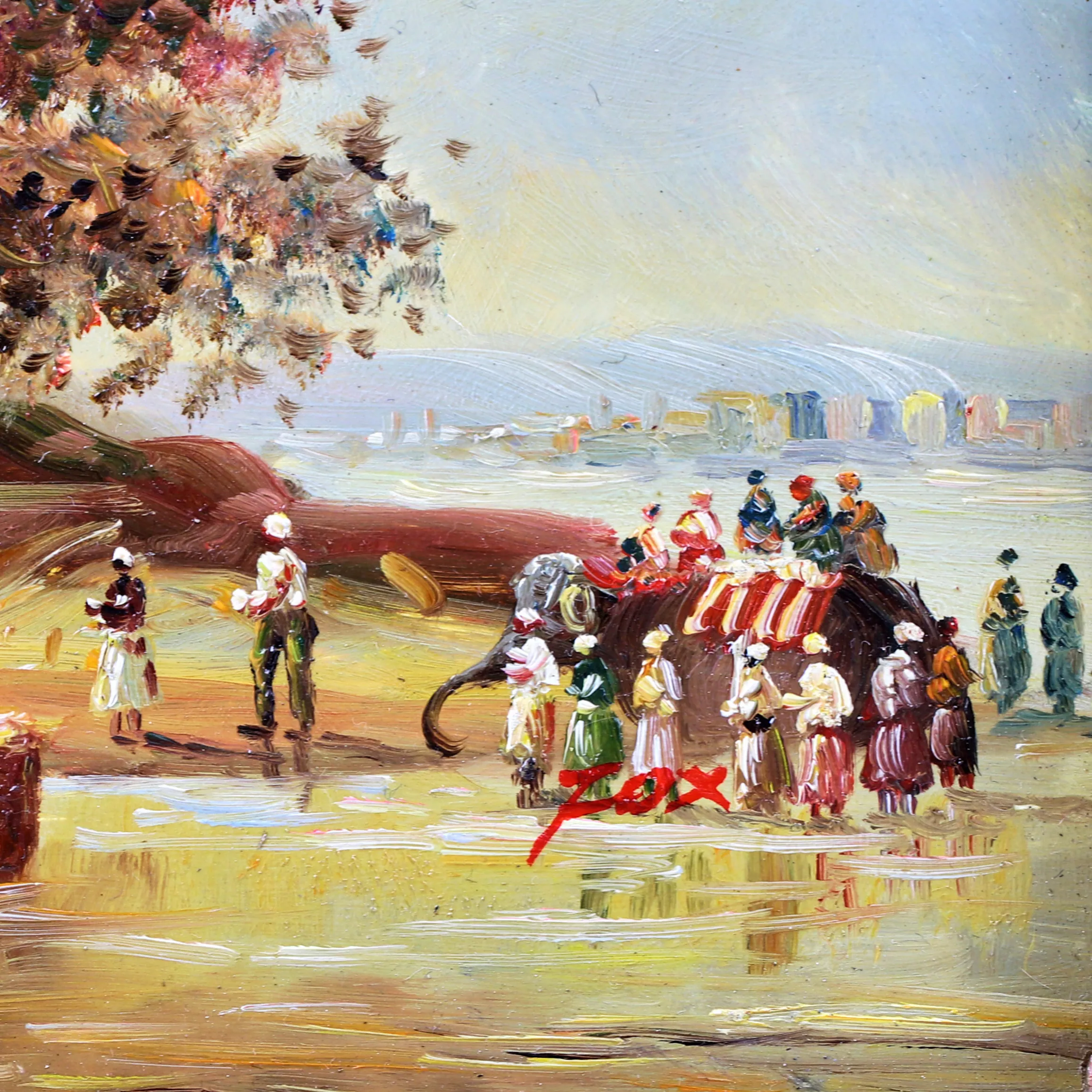 Petit tableau, huile sur panneau. Procession rituelle dans l`Indus. 