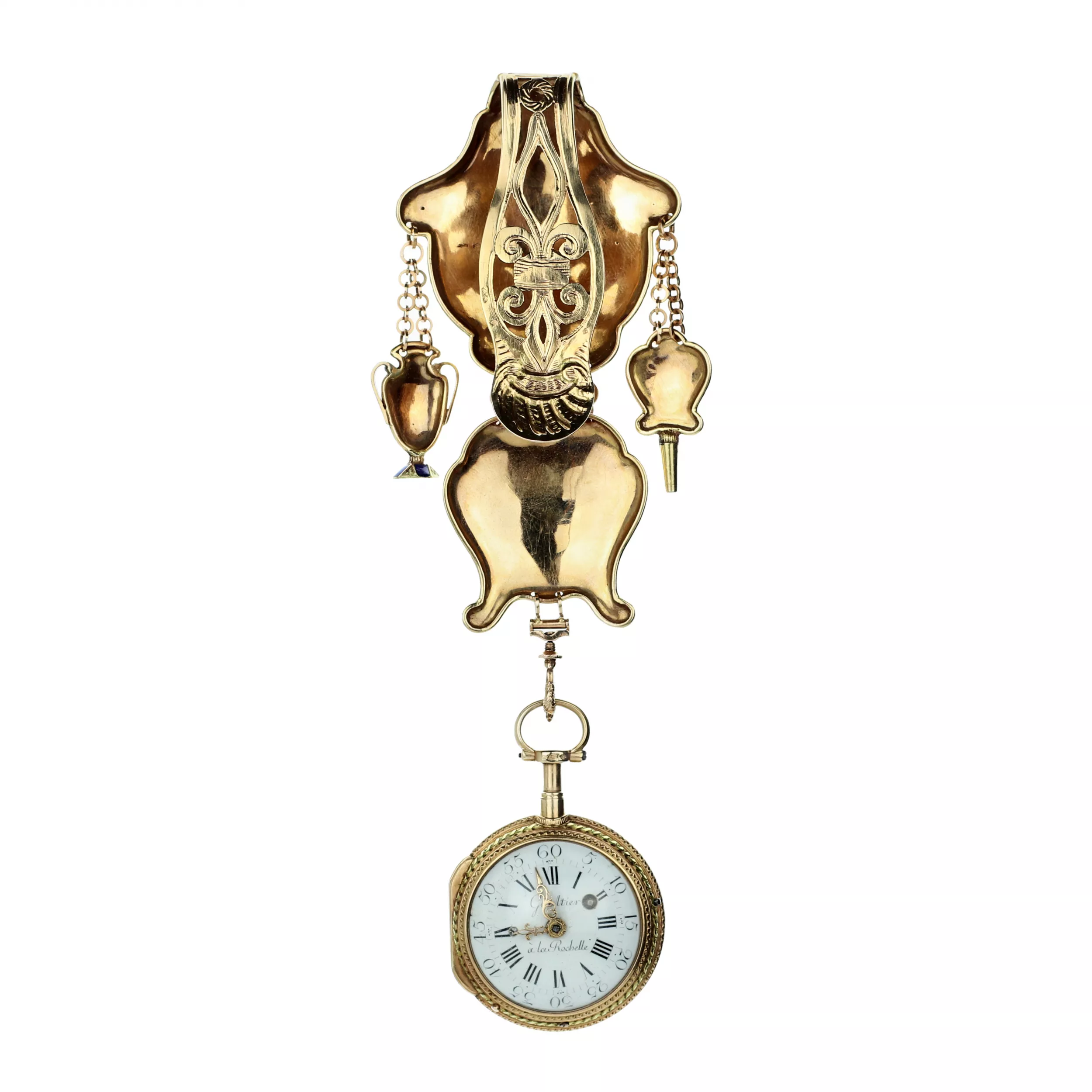 Châtelain avec montre de poche en or, diamants et peinture sur email. France 19ème siècle. 