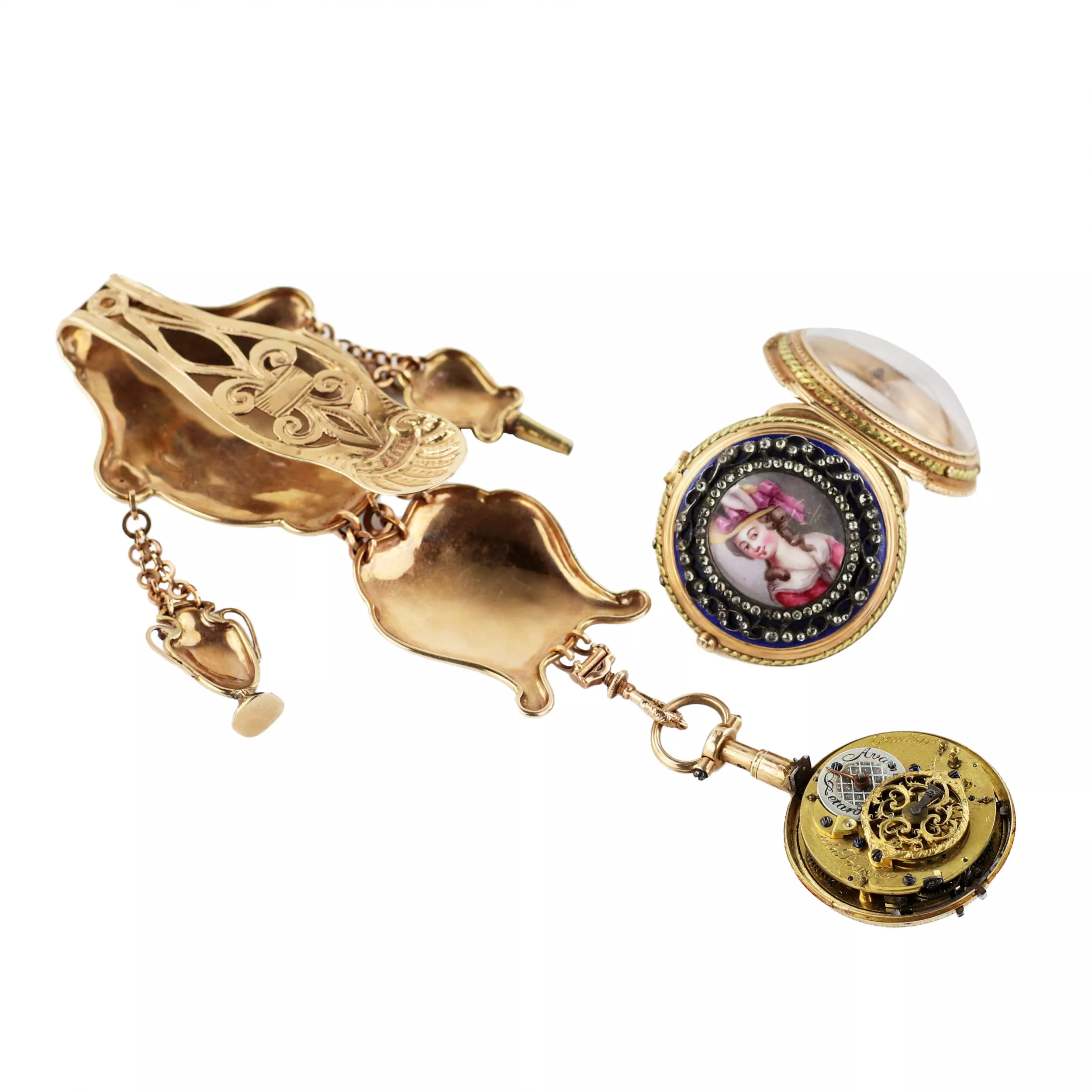 Châtelain avec montre de poche en or, diamants et peinture sur email. France 19ème siècle. 