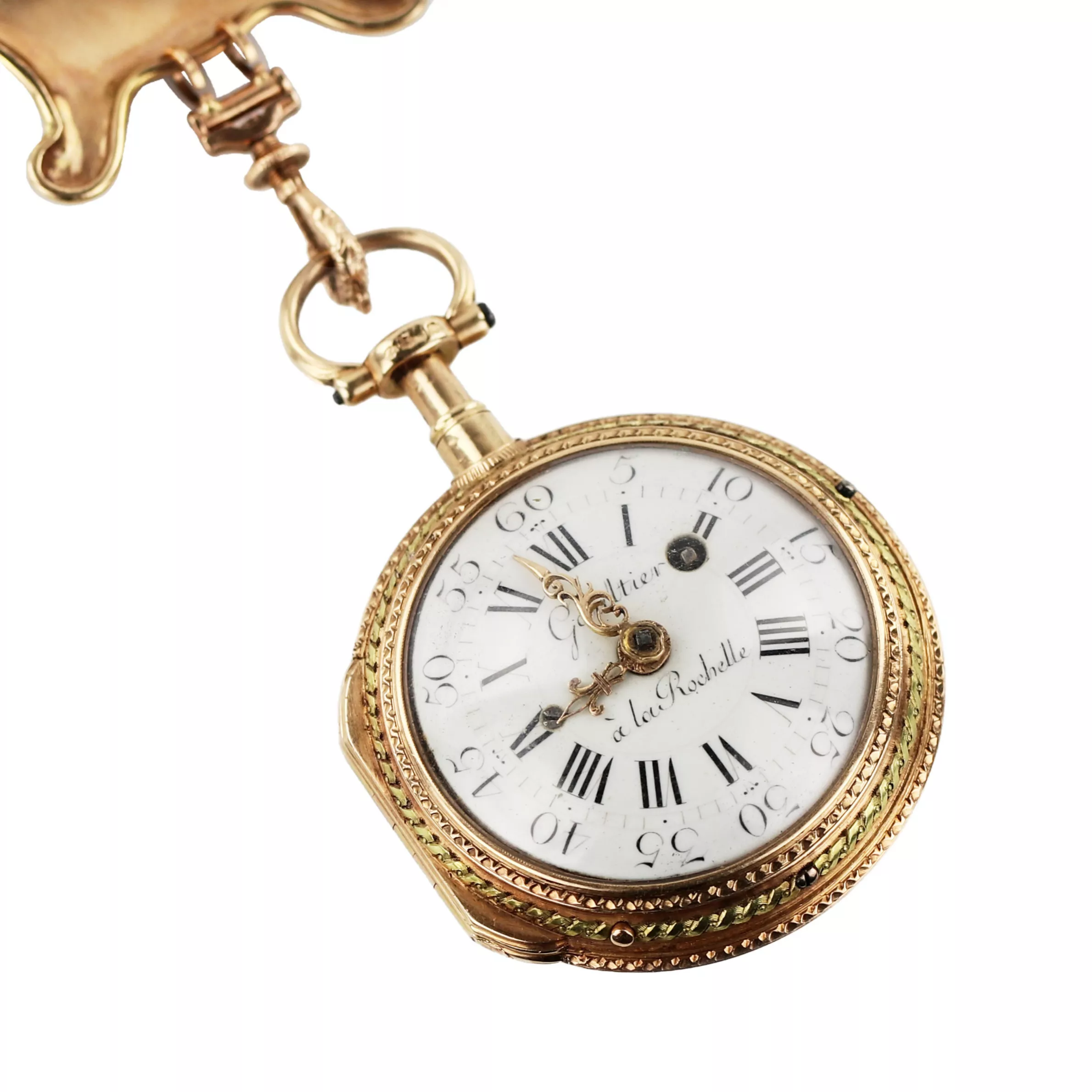 Châtelain avec montre de poche en or, diamants et peinture sur email. France 19ème siècle. 