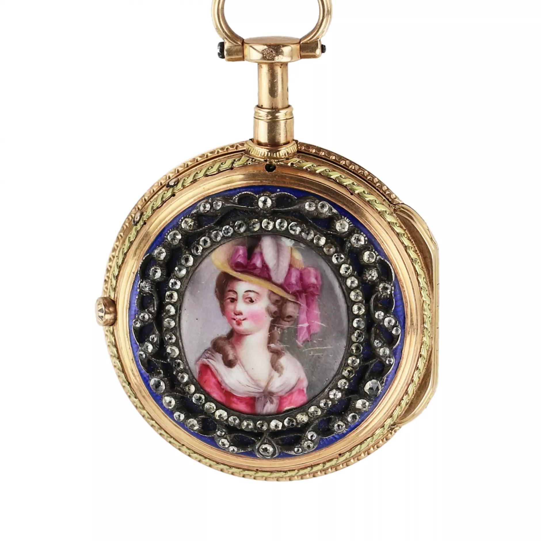 Châtelain avec montre de poche en or, diamants et peinture sur email. France 19ème siècle. 