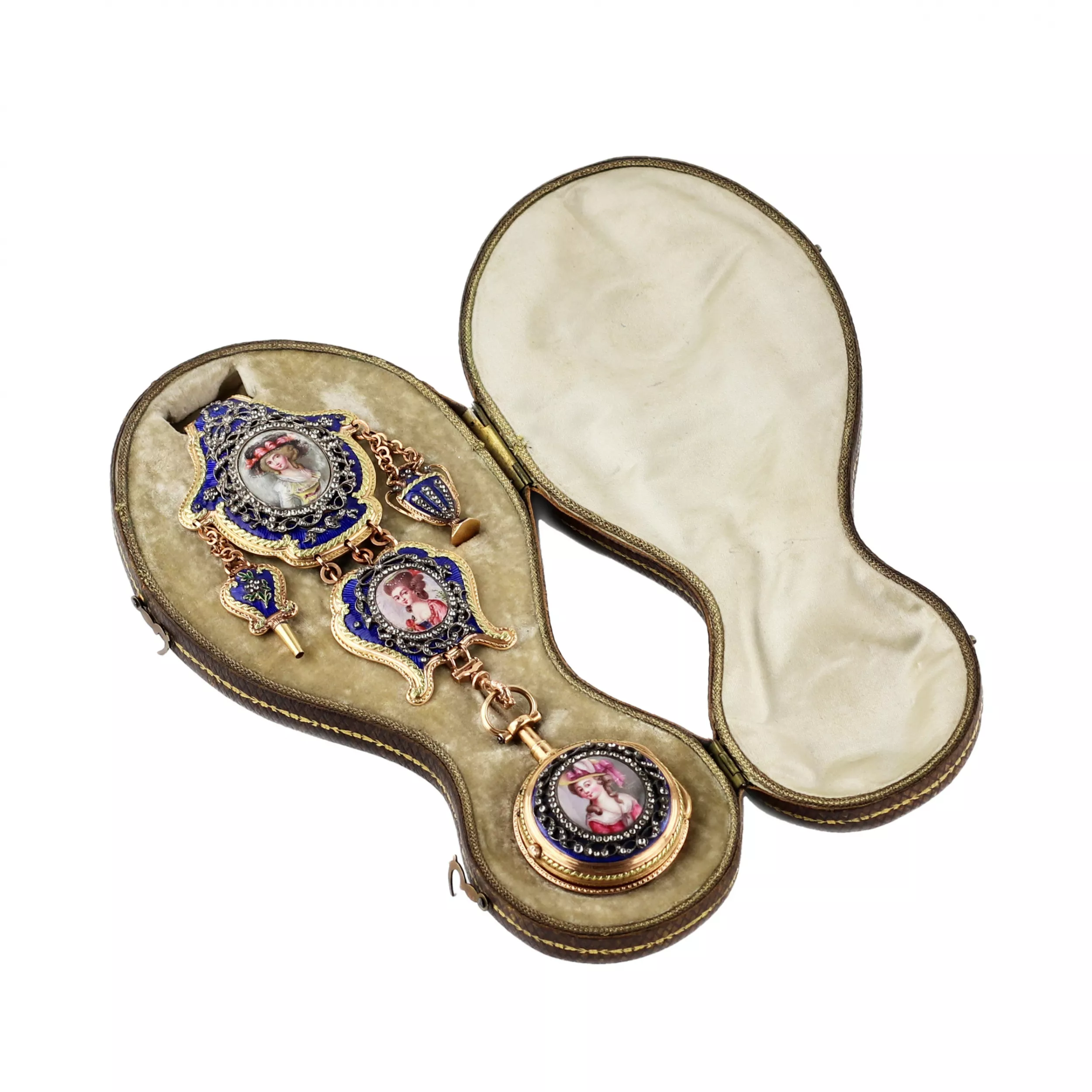 Châtelain avec montre de poche en or, diamants et peinture sur email. France 19ème siècle. 