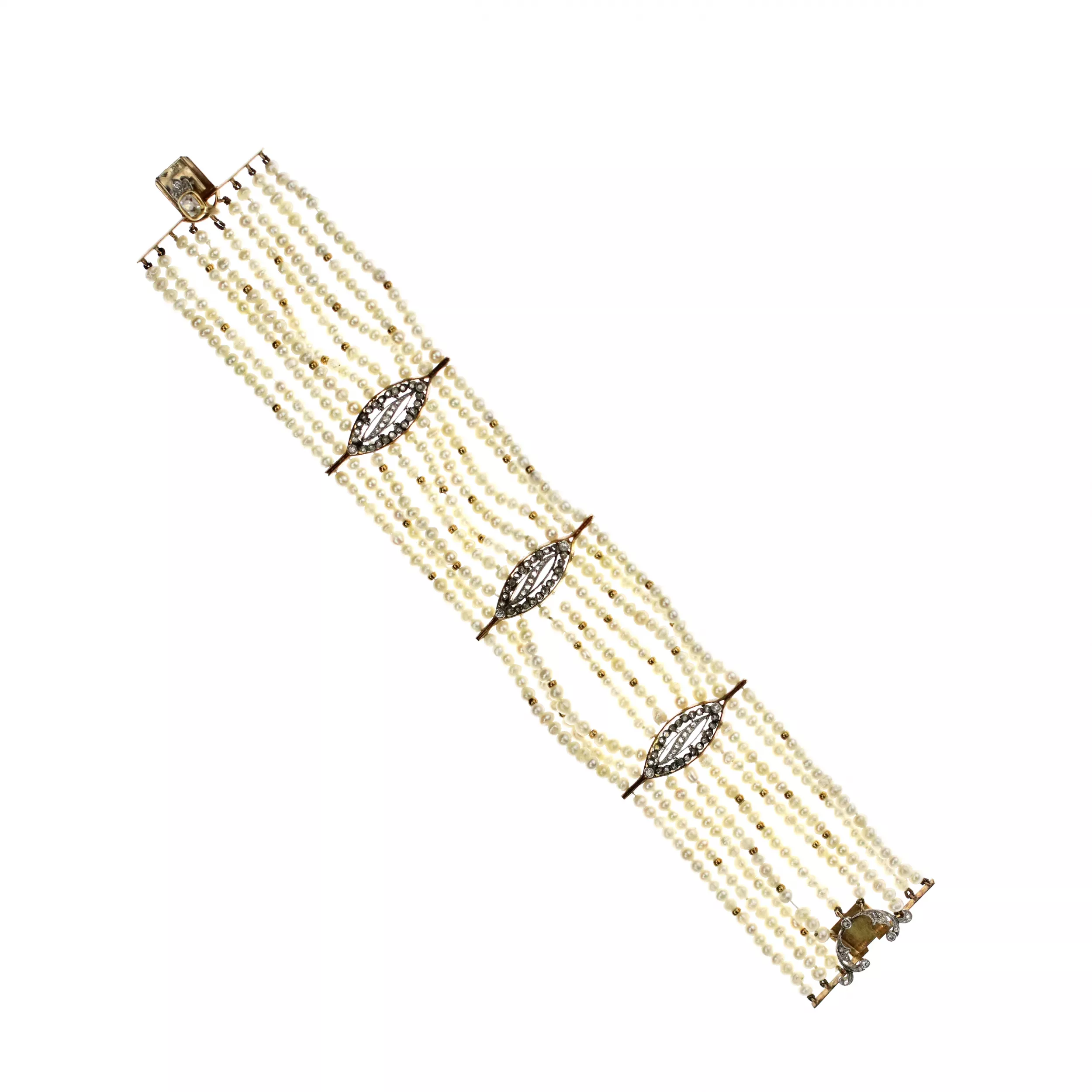 Pearl bracelet with gold and diamonds, late Art Nouveau style. 