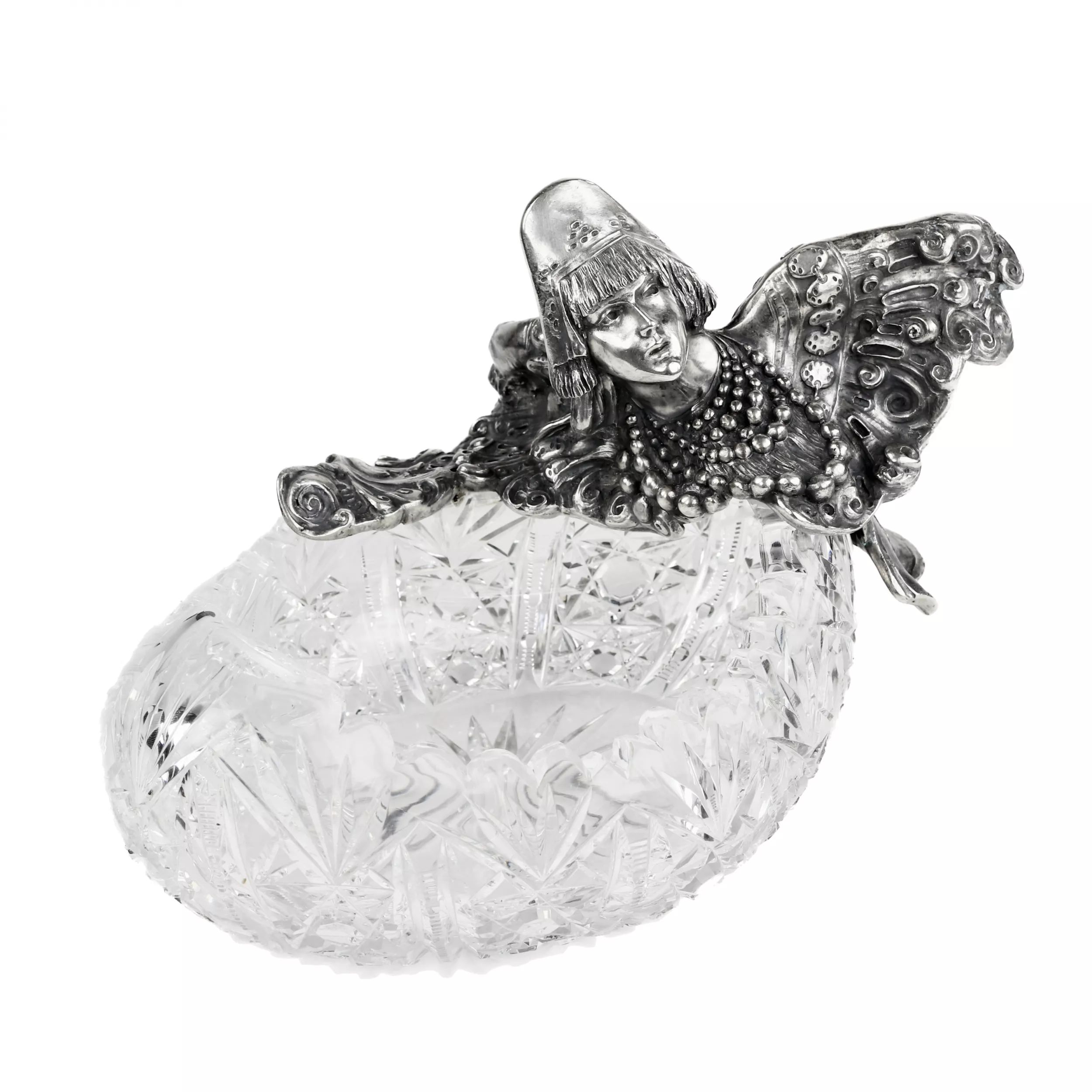 Pot de fruits russe en cristal lourd et argent, sous la forme d`une figure feminine - l`oiseau Alkonost. 
