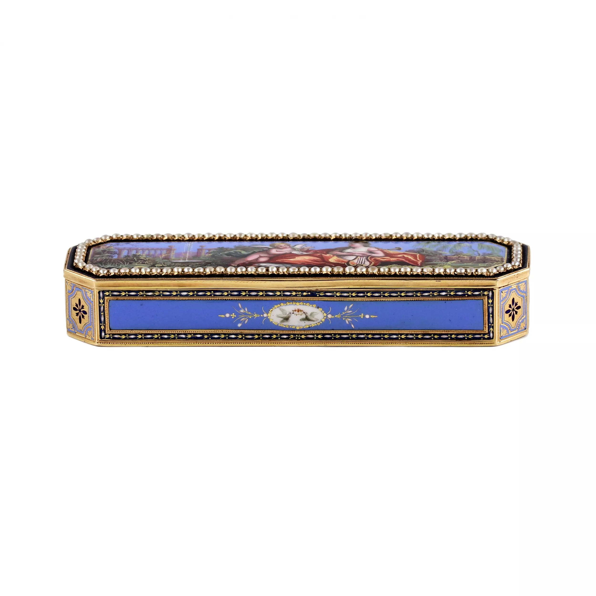 Toothpick case in gold and enamel, embellished with pearls. Geneva or Hanau, circa 1790 