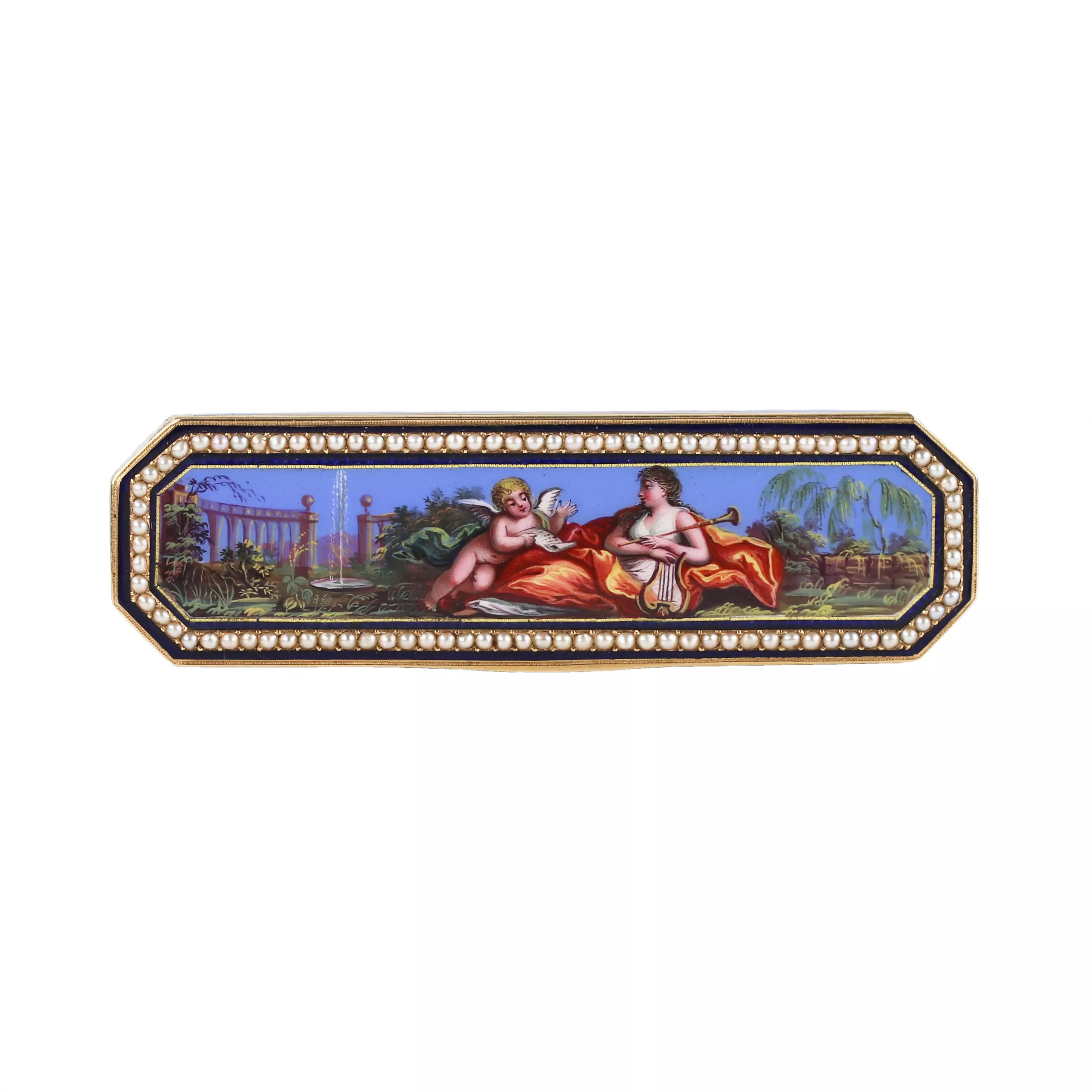Toothpick case in gold and enamel, embellished with pearls. Geneva or Hanau, circa 1790 