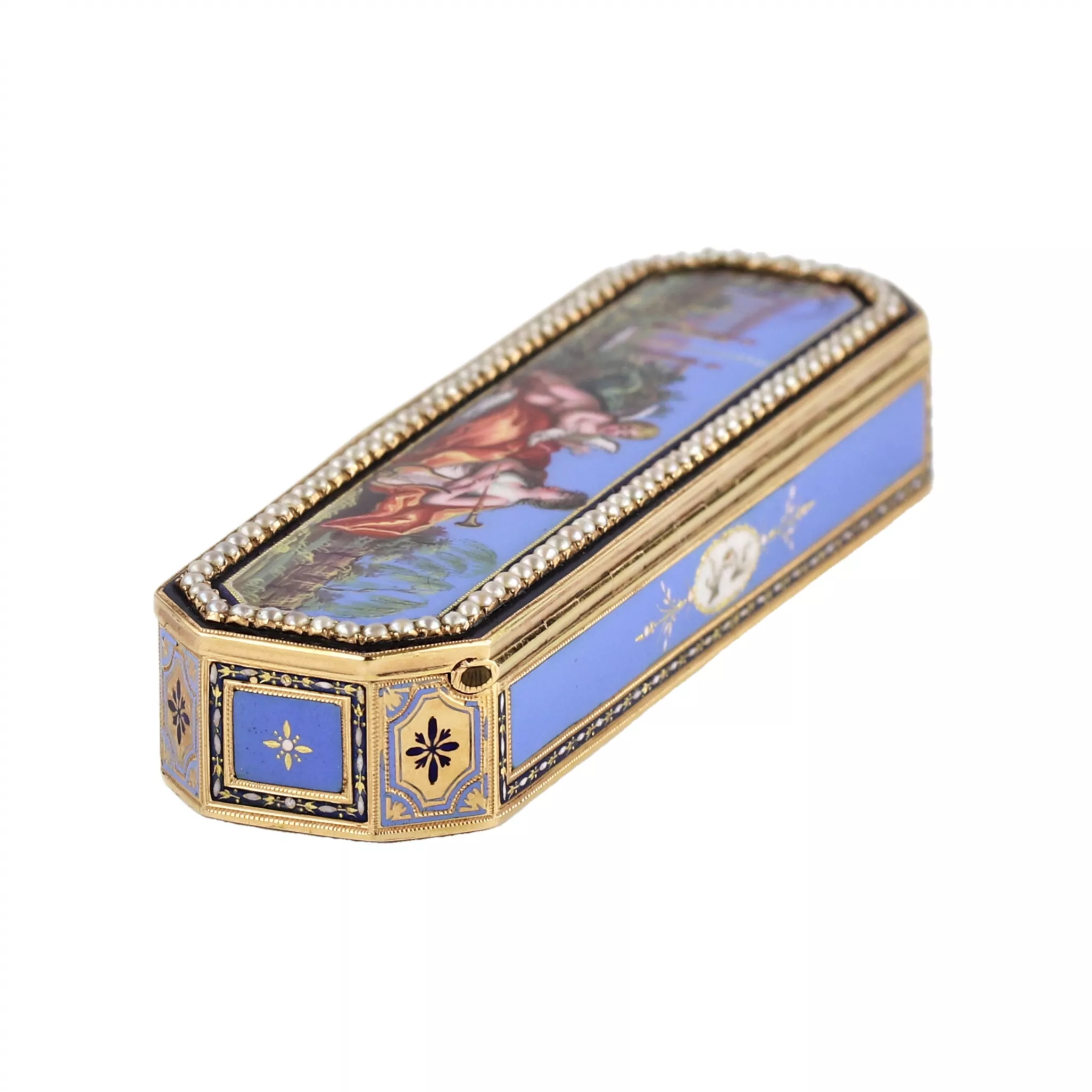 Toothpick case in gold and enamel, embellished with pearls. Geneva or Hanau, circa 1790 