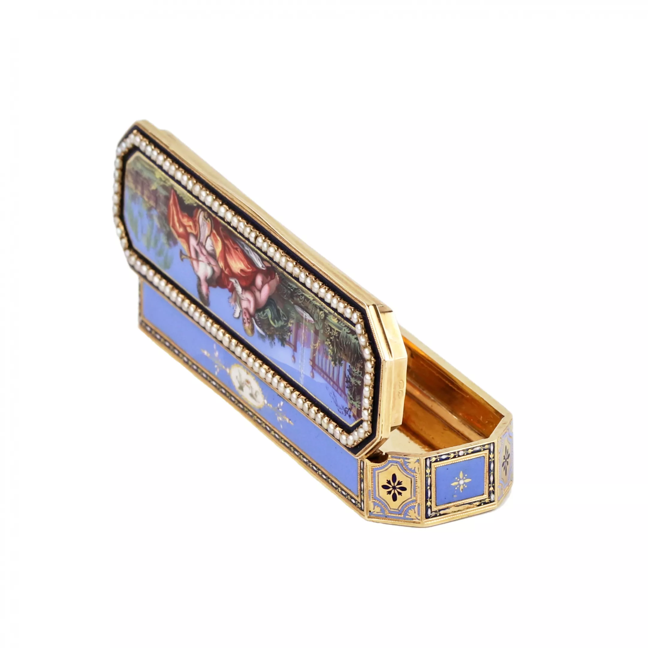 Toothpick case in gold and enamel, embellished with pearls. Geneva or Hanau, circa 1790 