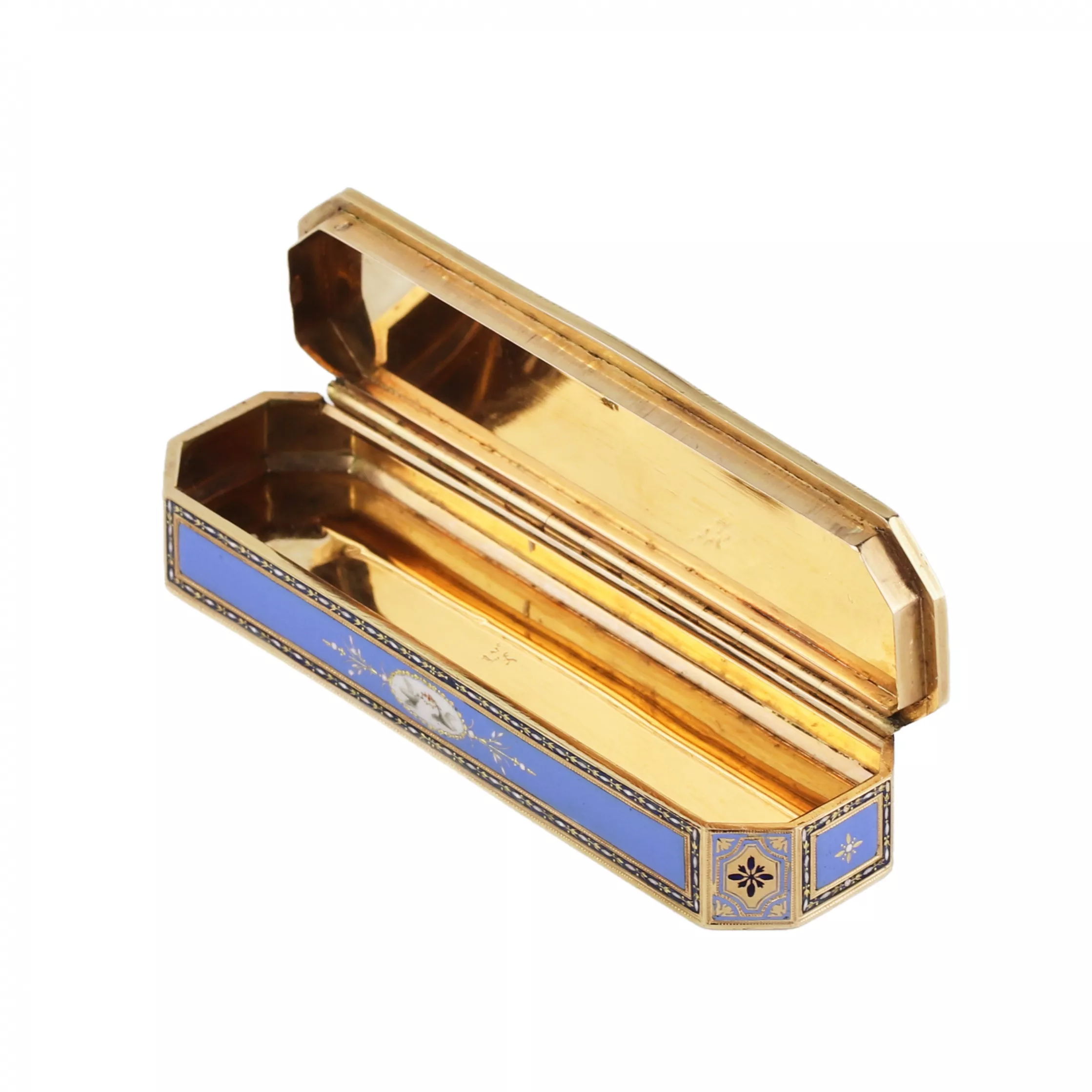 Toothpick case in gold and enamel, embellished with pearls. Geneva or Hanau, circa 1790 