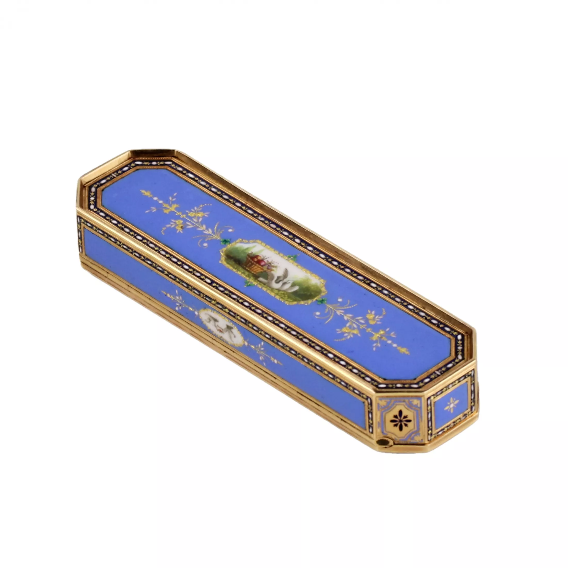 Toothpick case in gold and enamel, embellished with pearls. Geneva or Hanau, circa 1790 
