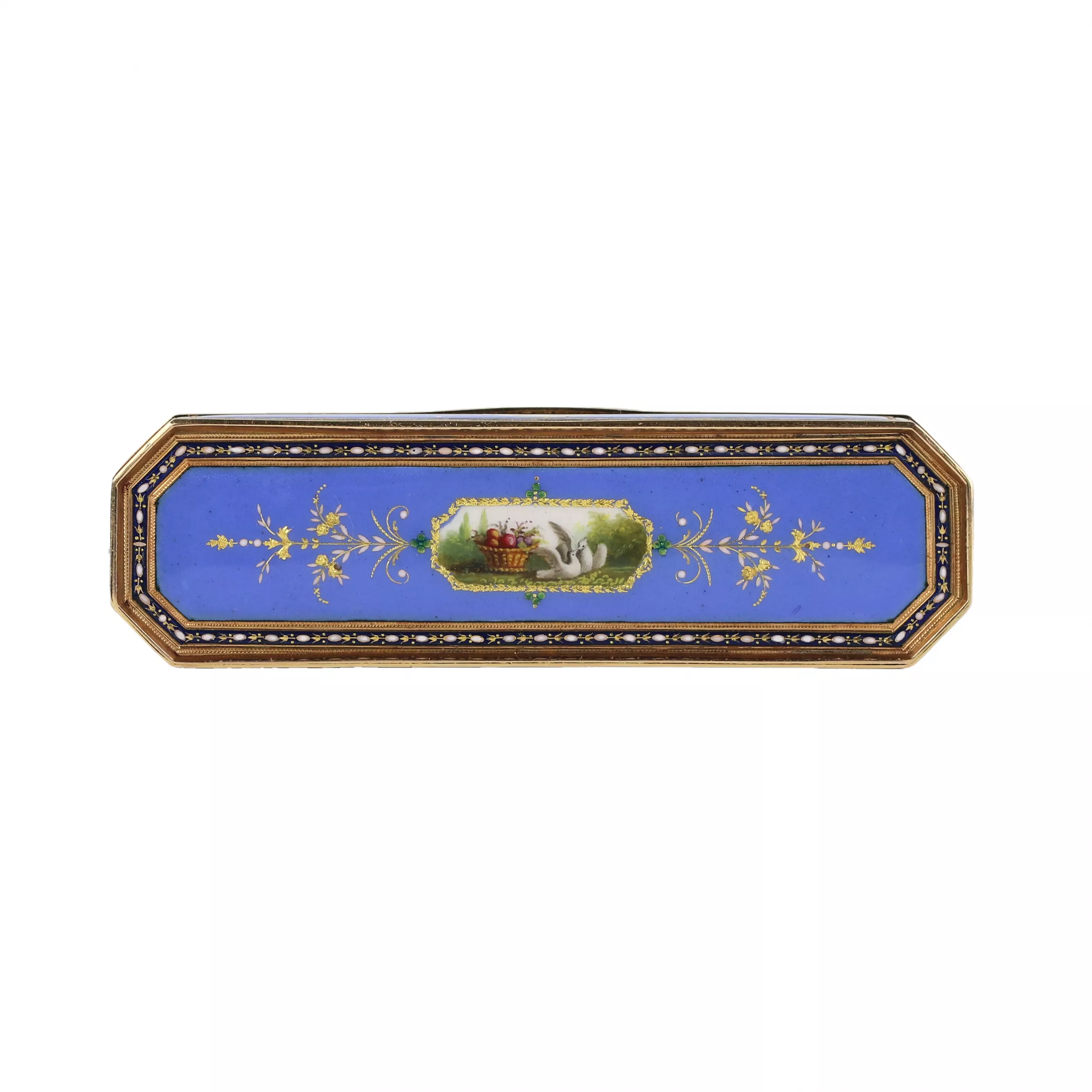 Toothpick case in gold and enamel, embellished with pearls. Geneva or Hanau, circa 1790 