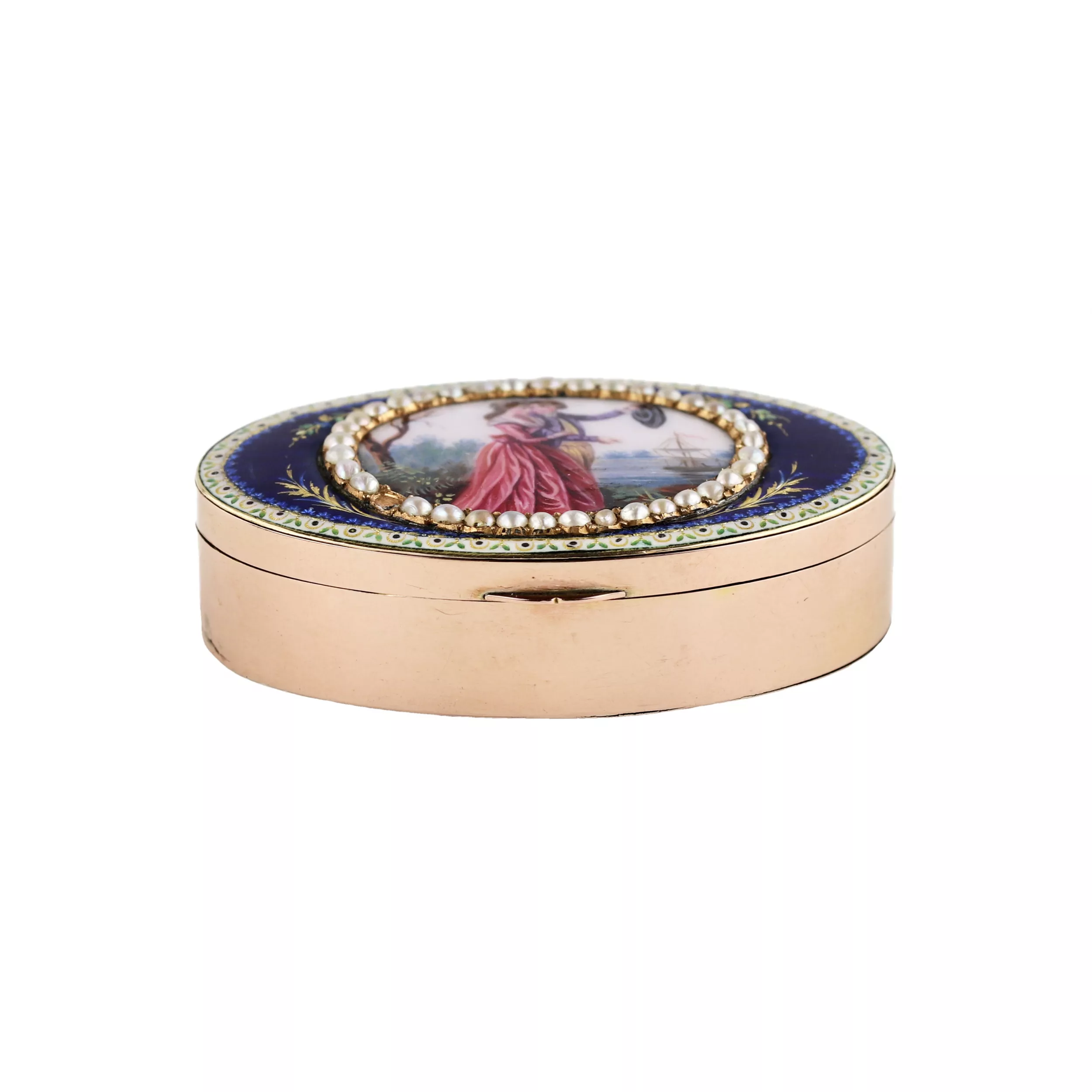 GOLD SNUFF BOX WITH ENAMEL MINIATURE AND PEARLS FRANCE, CIRCA 1795