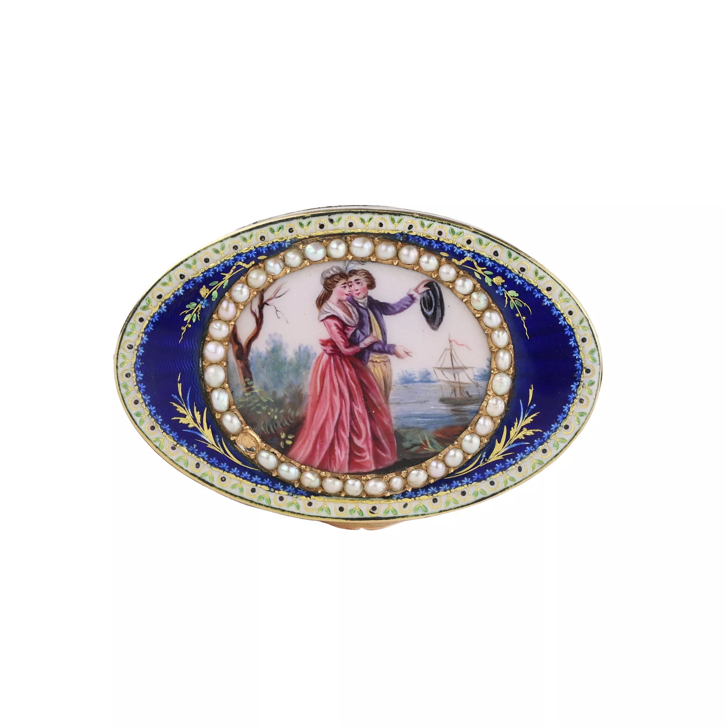 GOLD SNUFF BOX WITH ENAMEL MINIATURE AND PEARLS FRANCE, CIRCA 1795