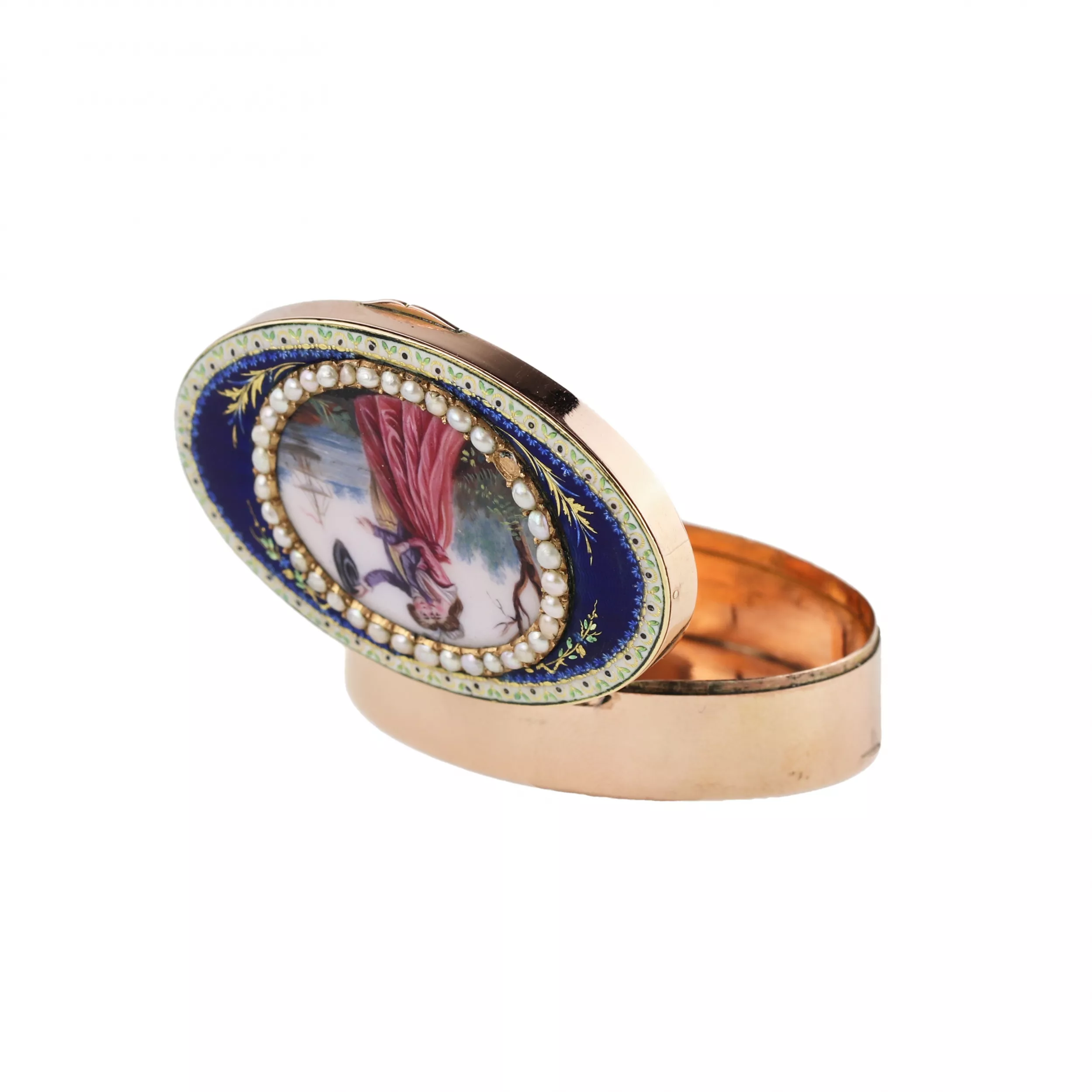 GOLD SNUFF BOX WITH ENAMEL MINIATURE AND PEARLS FRANCE, CIRCA 1795