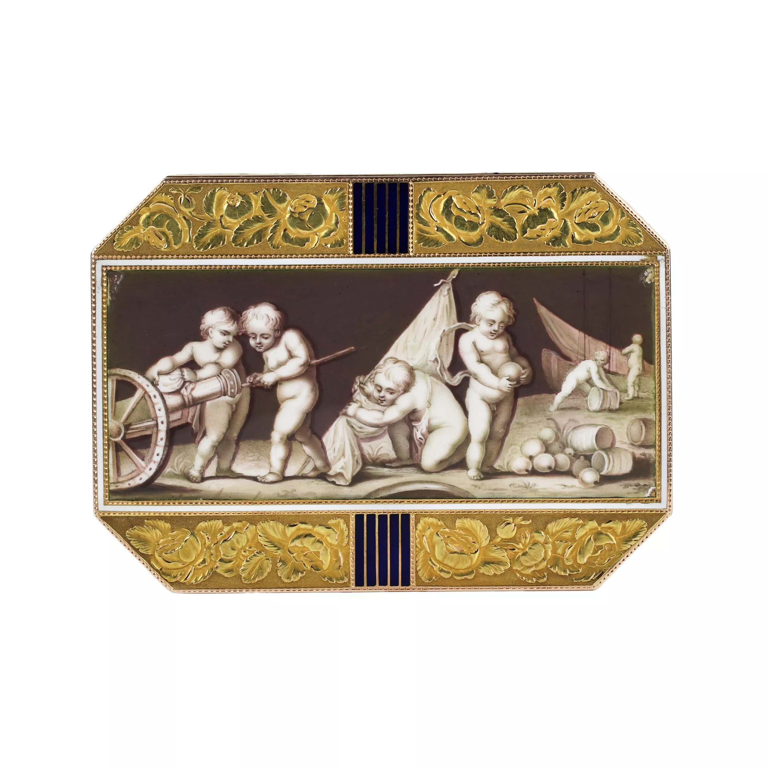 FRENCH GOLD SNUFFBOX WITH ENAMEL GRISAILLE “MILITARY GAMES OF PUTTI” FRANCE, EMPIRE PERIOD, FIRST QUARTER OF THE 19TH CENTURY