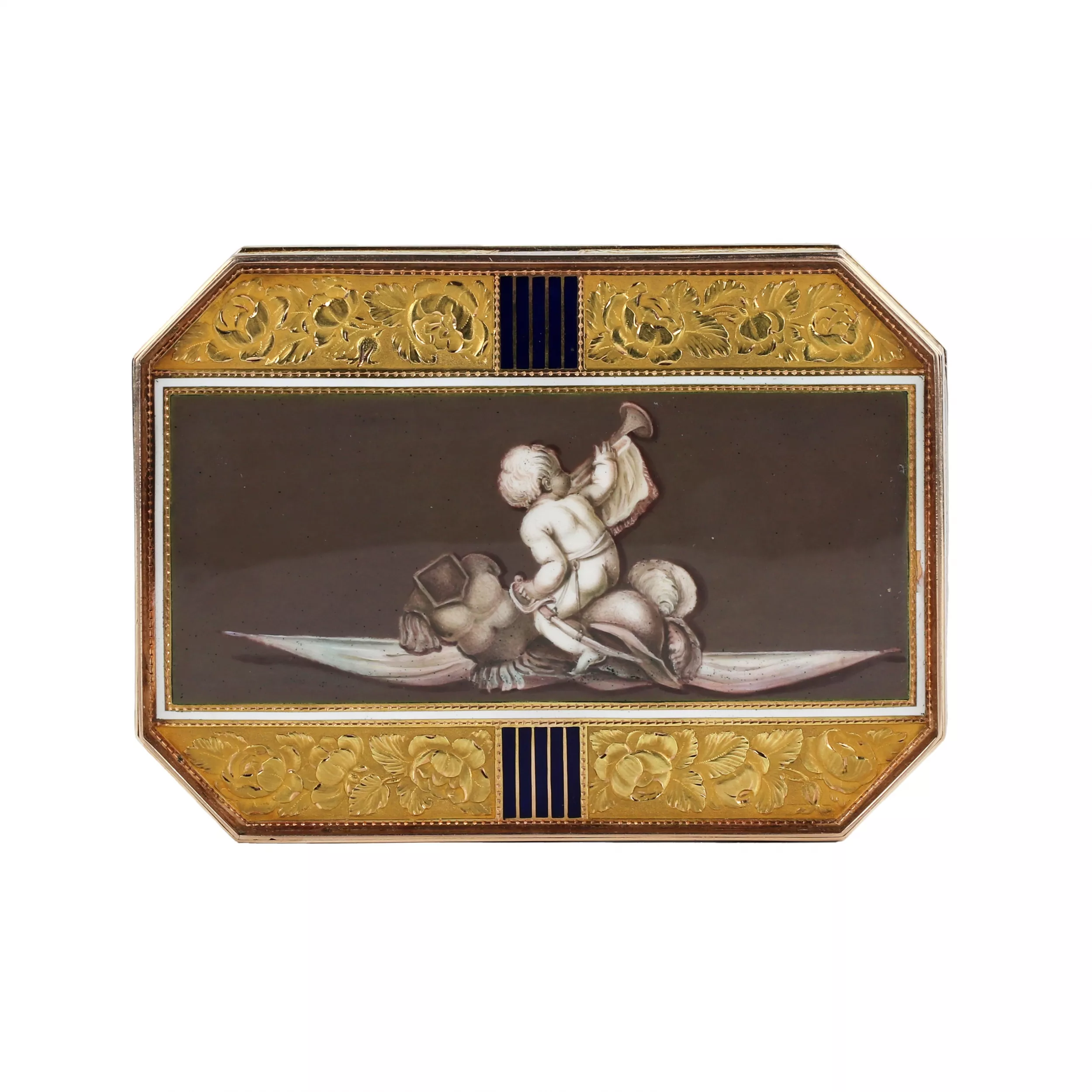 FRENCH GOLD SNUFFBOX WITH ENAMEL GRISAILLE “MILITARY GAMES OF PUTTI” FRANCE, EMPIRE PERIOD, FIRST QUARTER OF THE 19TH CENTURY