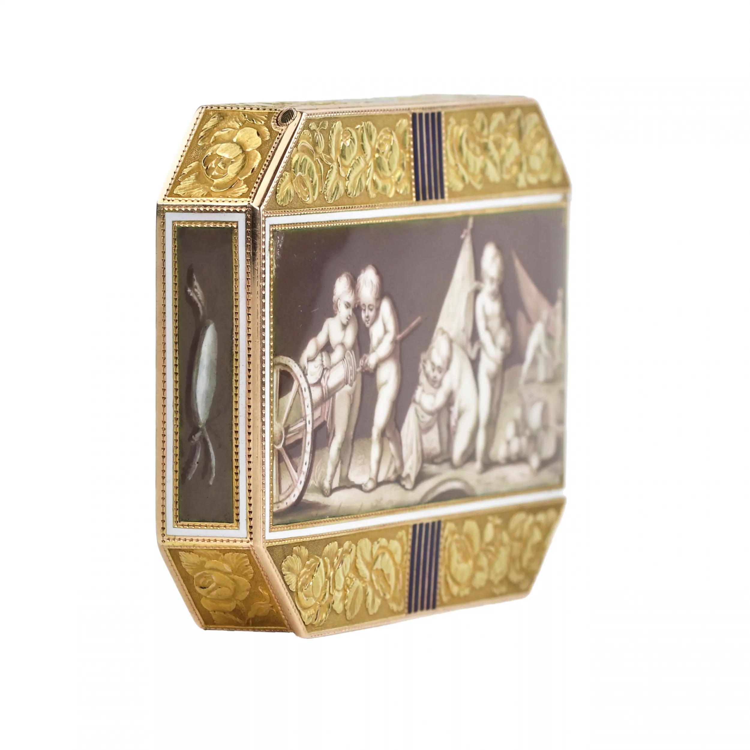 FRENCH GOLD SNUFFBOX WITH ENAMEL GRISAILLE “MILITARY GAMES OF PUTTI” FRANCE, EMPIRE PERIOD, FIRST QUARTER OF THE 19TH CENTURY