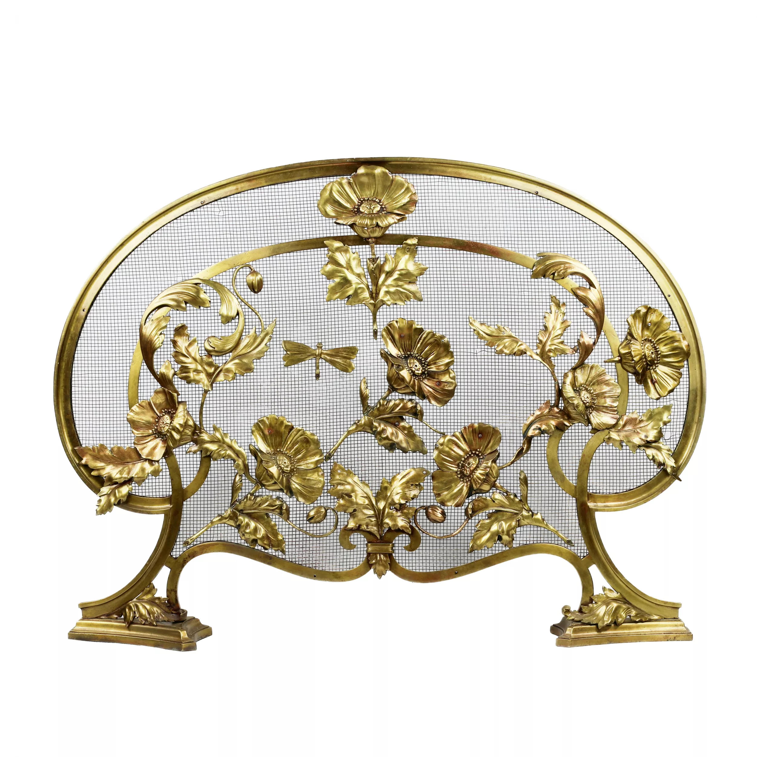 Elegant mantel screen in bronze, with poppies, in Art Nouveau style. France, around 1900 