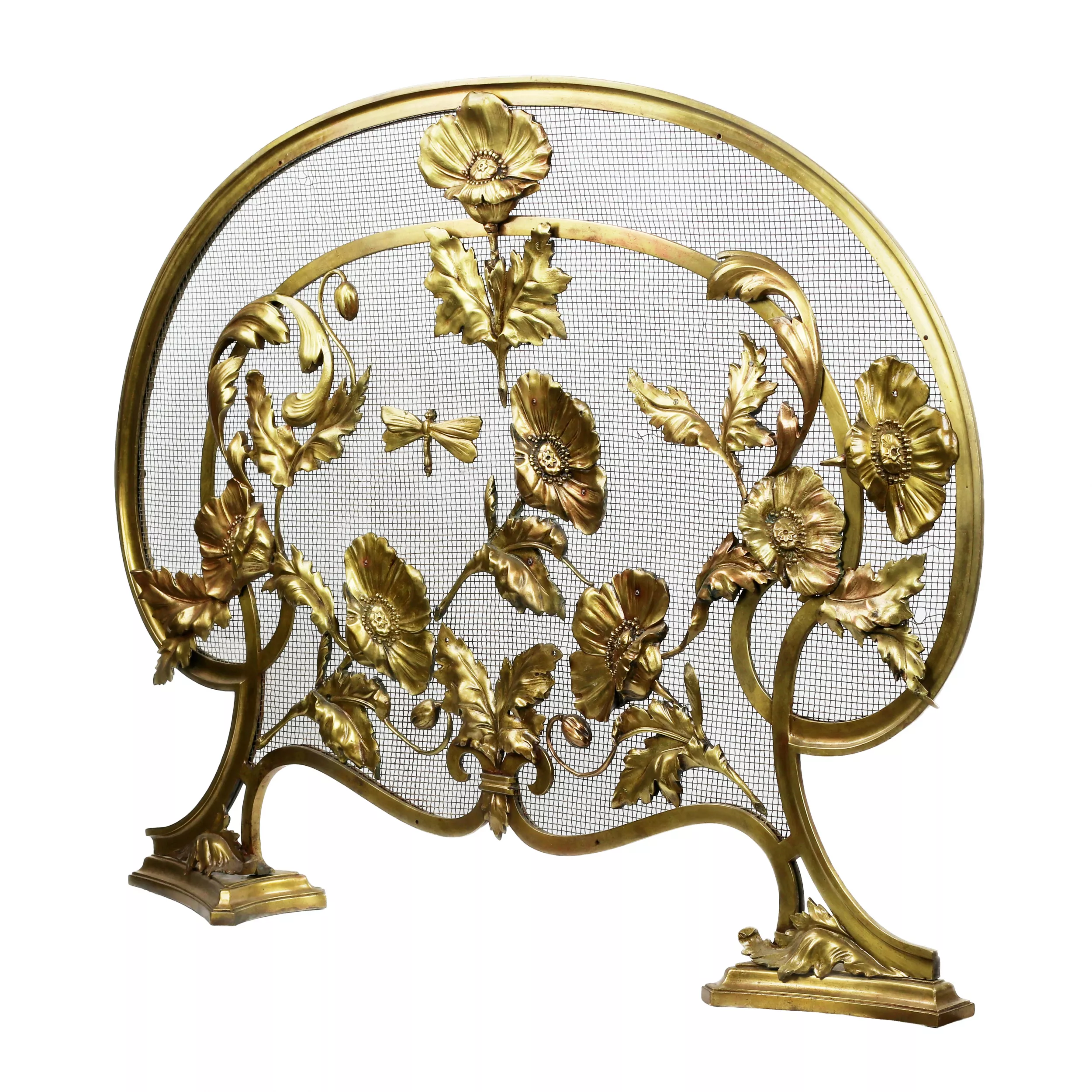 Elegant mantel screen in bronze, with poppies, in Art Nouveau style. France, around 1900 