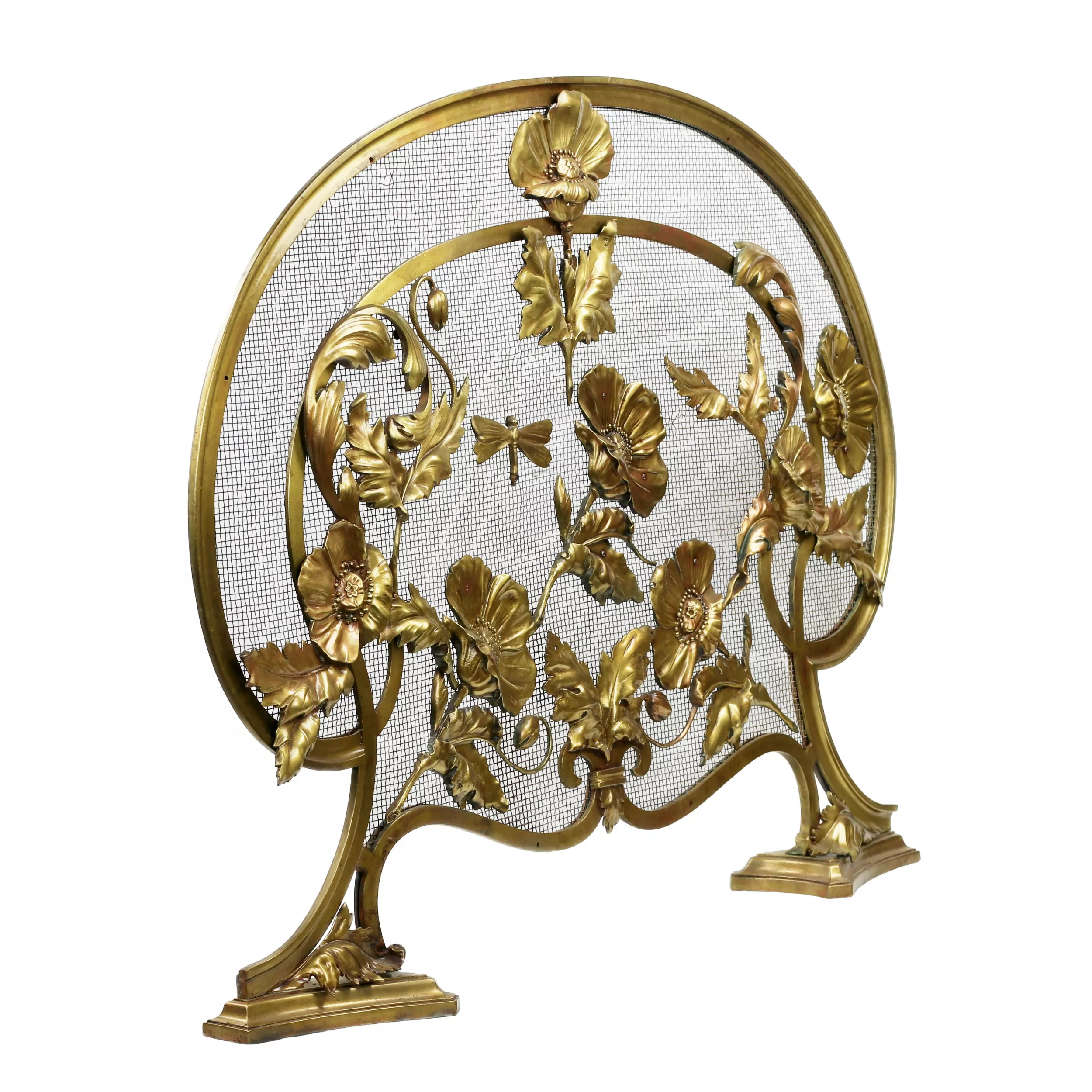 Elegant mantel screen in bronze, with poppies, in Art Nouveau style. France, around 1900 