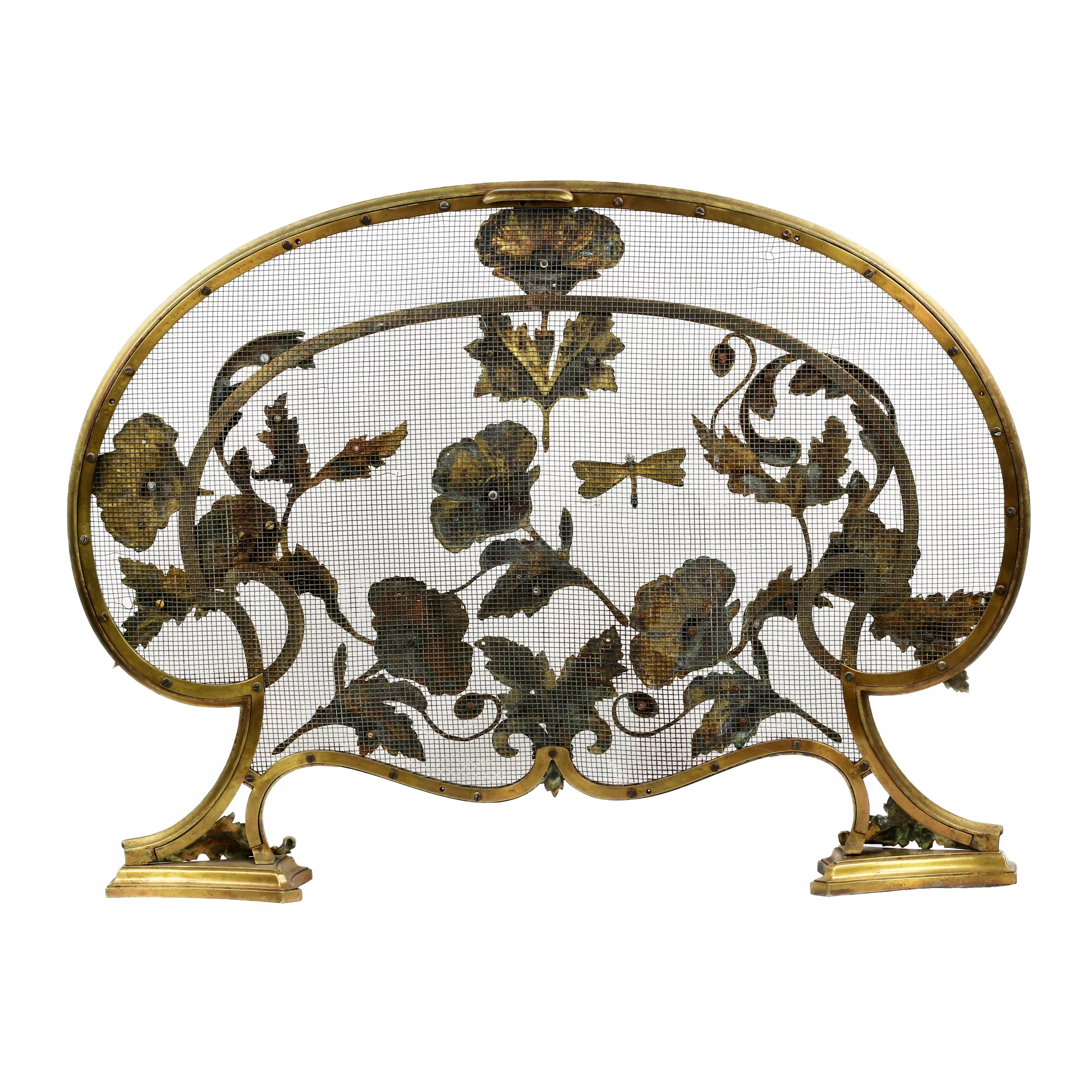 Elegant mantel screen in bronze, with poppies, in Art Nouveau style. France, around 1900 