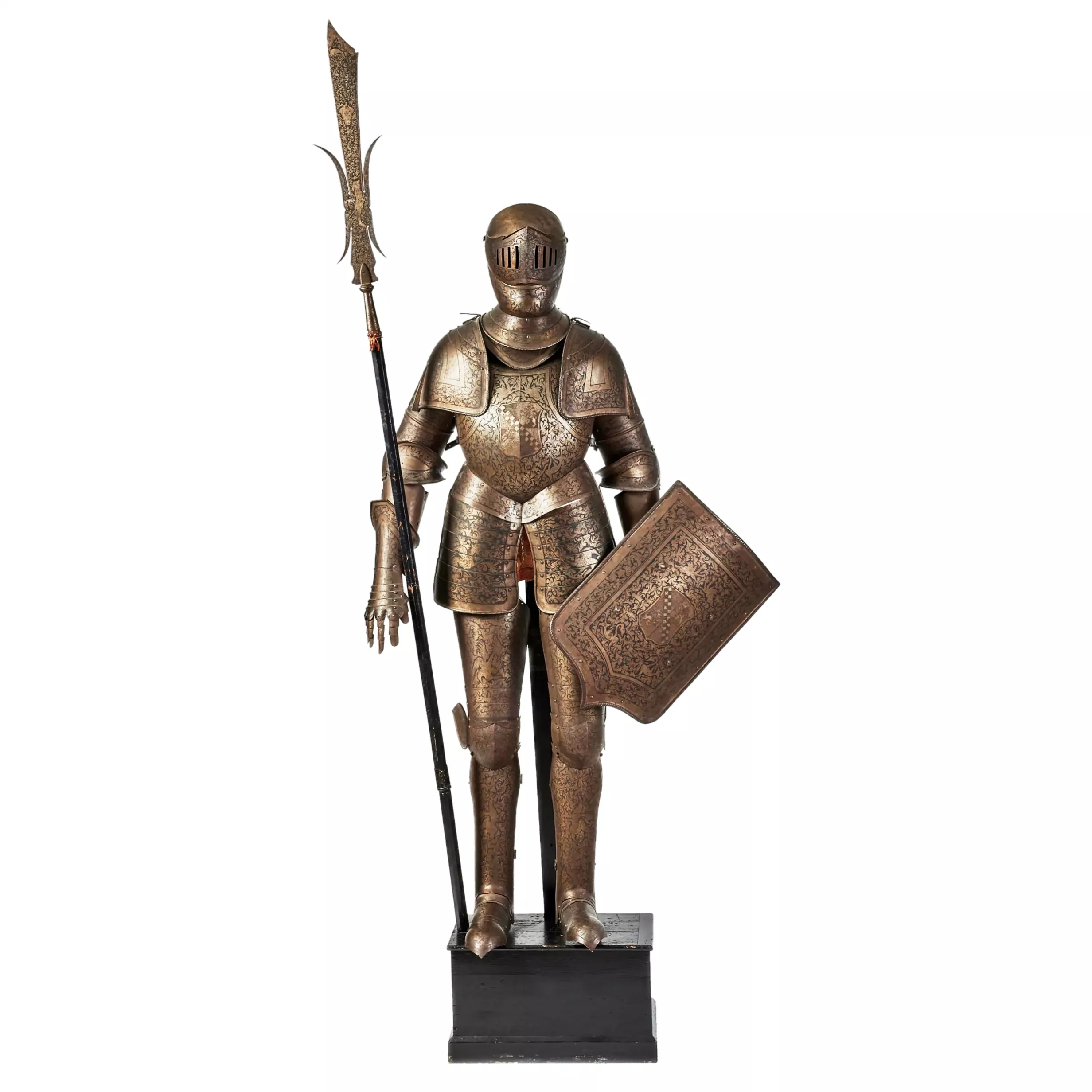 Magnifique armure chevaleresque en dessin et gravure nielle. Historicisme, XIXe siècle. 