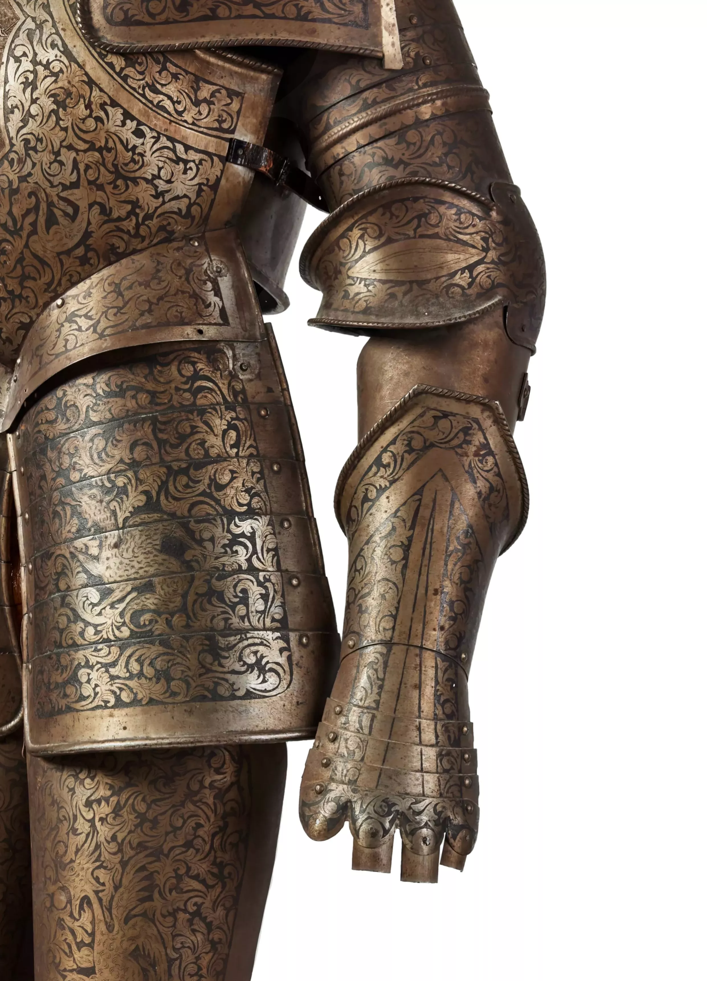 Magnifique armure chevaleresque en dessin et gravure nielle. Historicisme, XIXe siècle. 