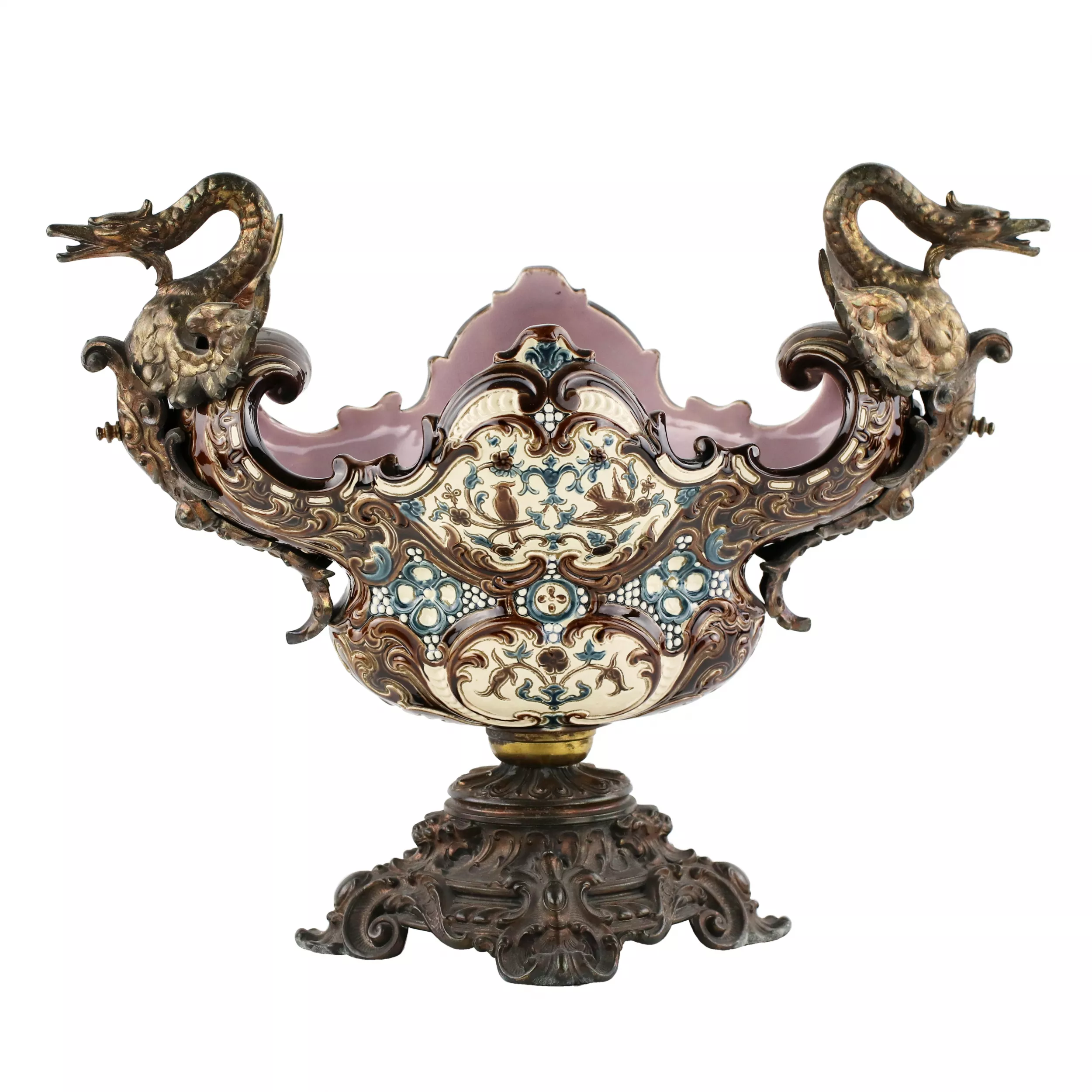 MAJOLICA JARDINIÈRE IN THE FORM OF A BOAT WITH GRIFFINS