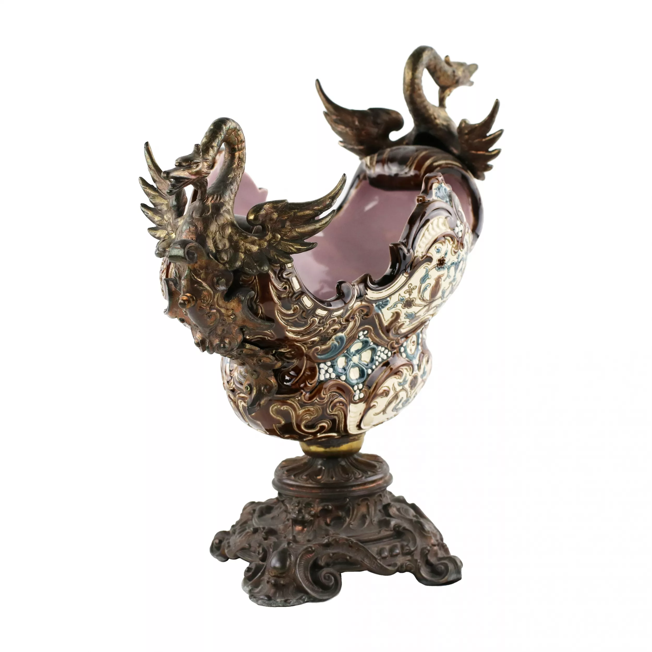 MAJOLICA JARDINIÈRE IN THE FORM OF A BOAT WITH GRIFFINS