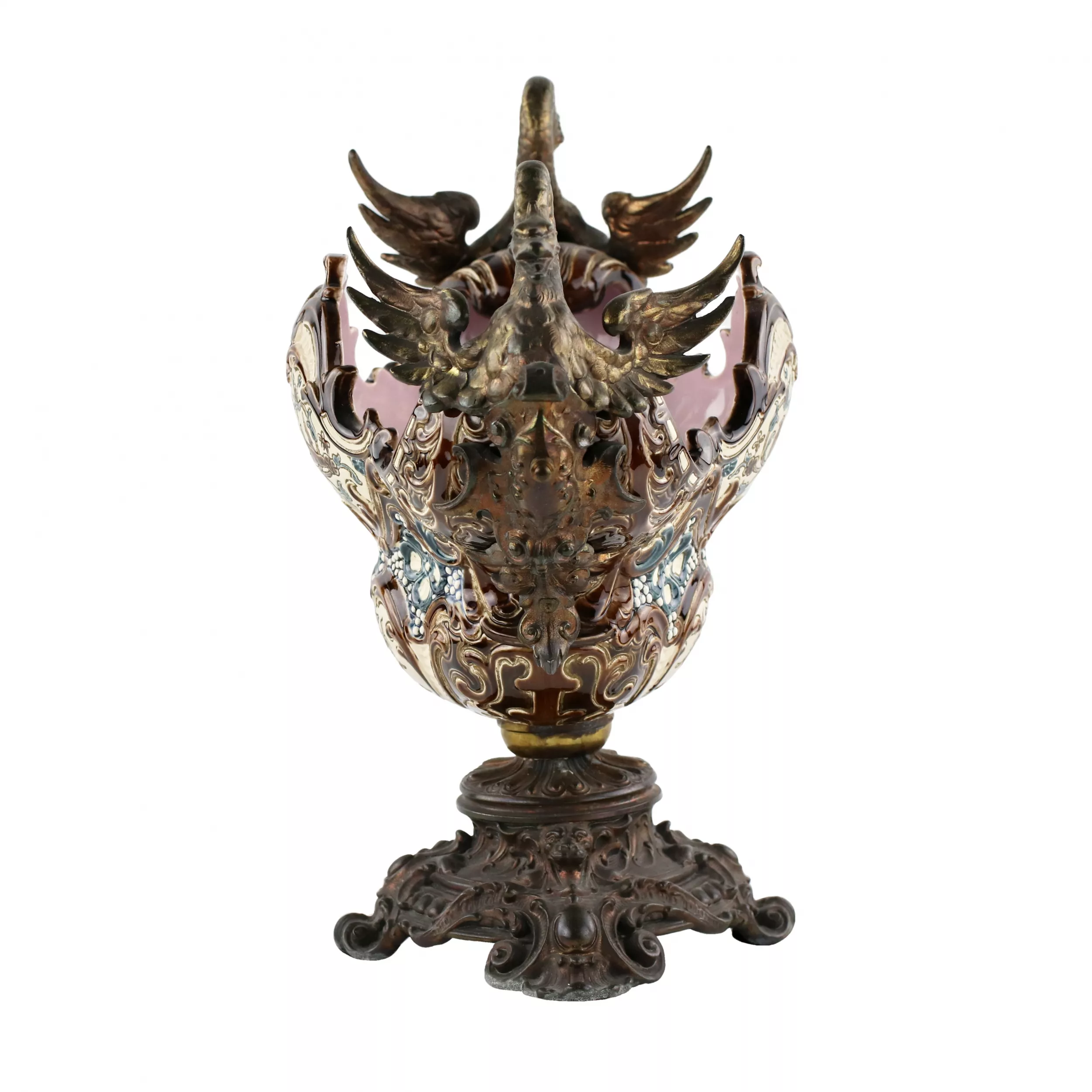 MAJOLICA JARDINIÈRE IN THE FORM OF A BOAT WITH GRIFFINS