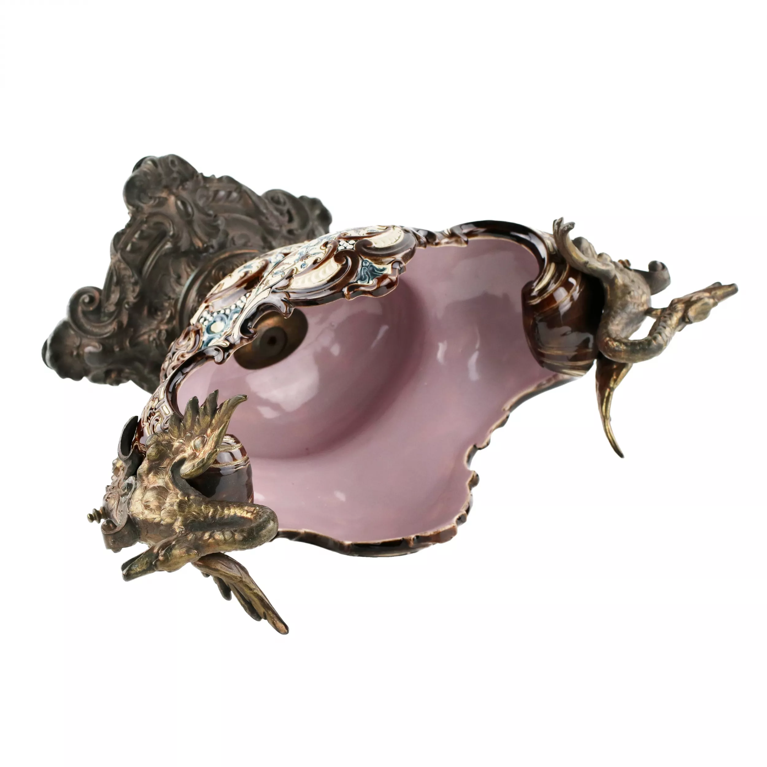 MAJOLICA JARDINIÈRE IN THE FORM OF A BOAT WITH GRIFFINS