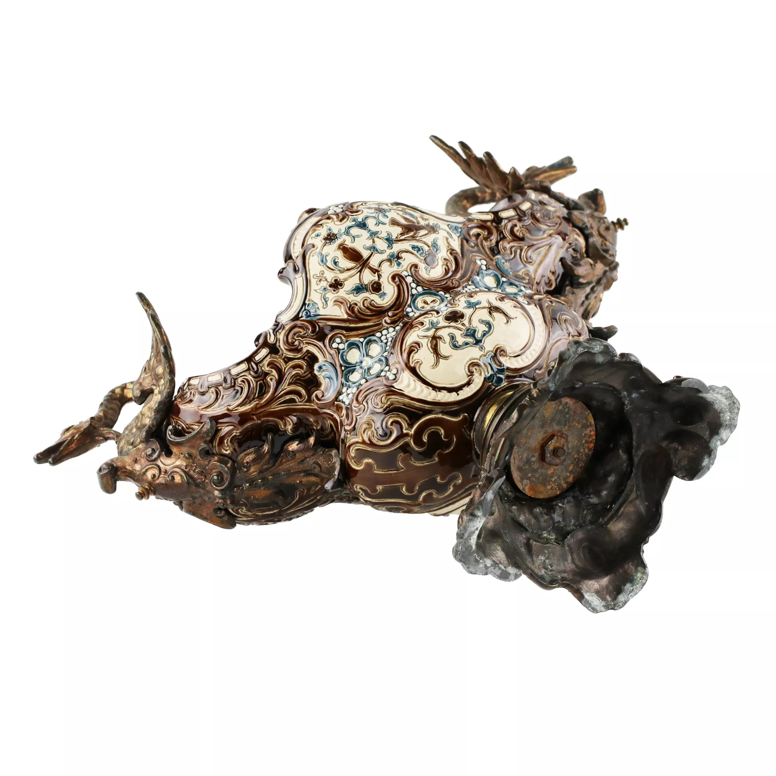 MAJOLICA JARDINIÈRE IN THE FORM OF A BOAT WITH GRIFFINS
