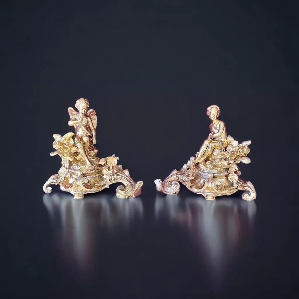 Pair Of Napoleon III Period Gilt Bronze Putti Andirons, 19th century