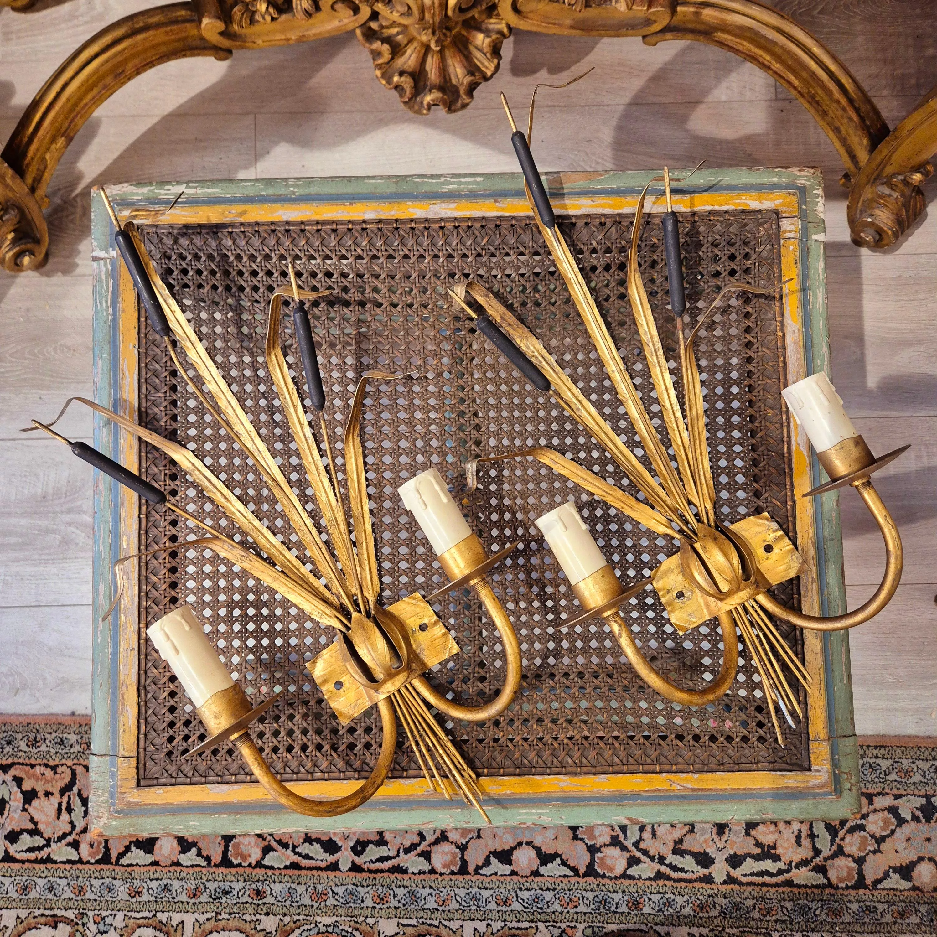 Pair of two-light gilded metal Roseaux sconces, Ferro Art, circa 1960