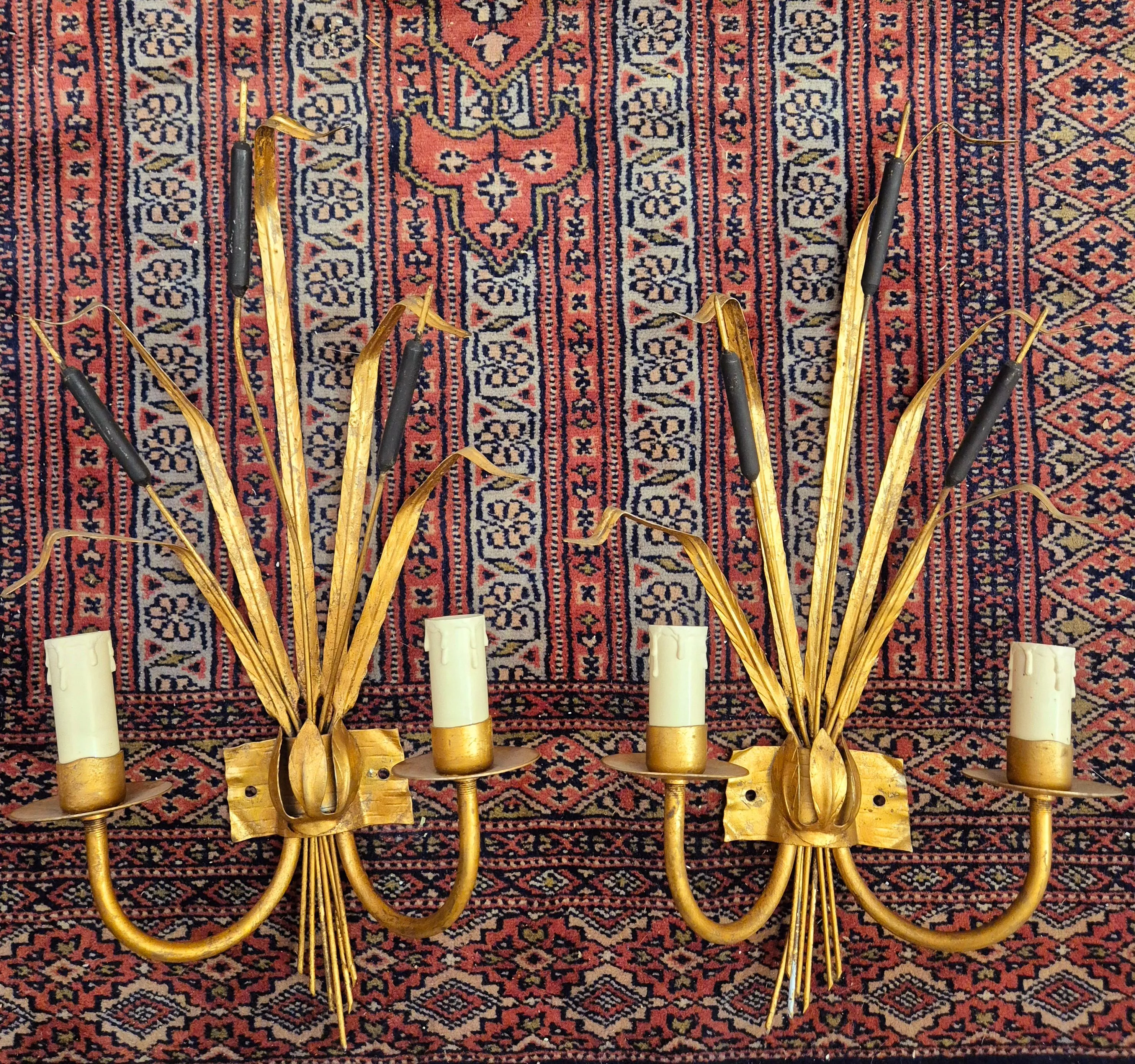 Pair of two-light gilded metal Roseaux sconces, Ferro Art, circa 1960