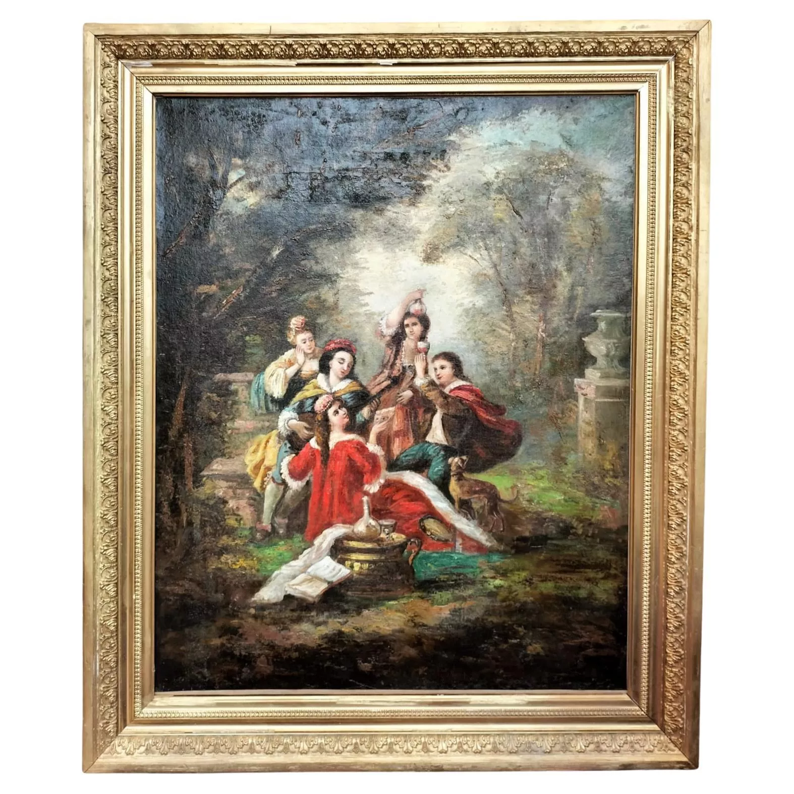 Large Oil-on-Canvas Painting of Aristocrats in a Lush Garden, 19th Century